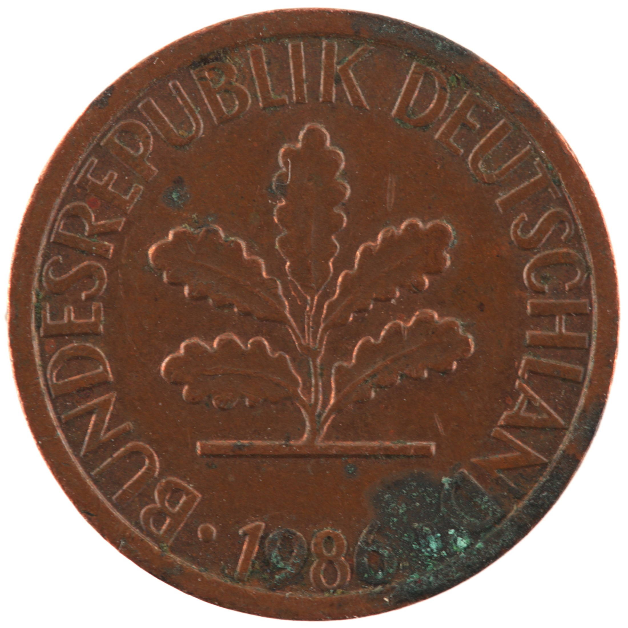 Allemagne - Pièce 1 Pfennig 1986 F acier plaqué cuivre - Chêne / Epis