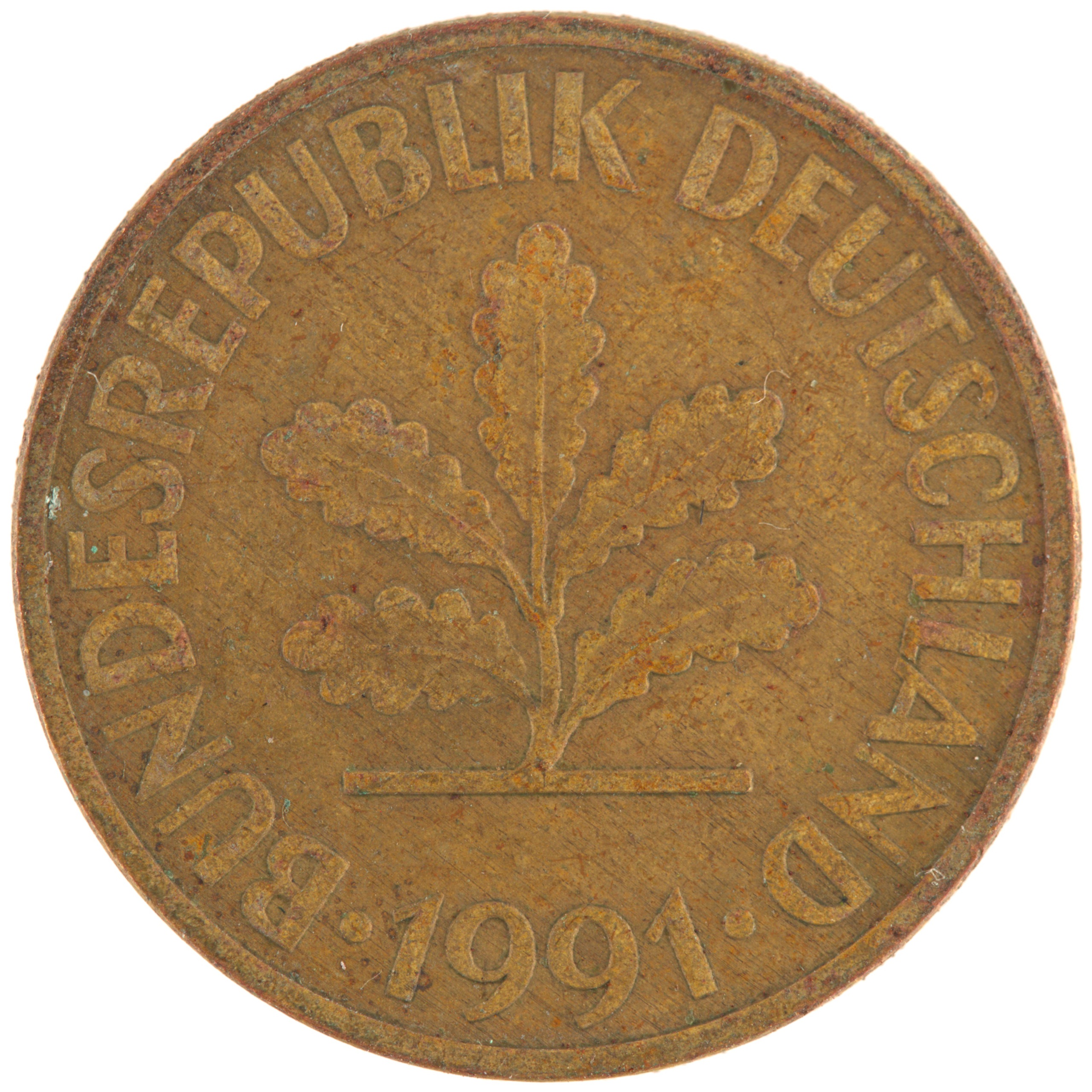 Allemagne - Pièce 10 Pfennig 1991 G acier plaqué laiton - Chêne / Epis