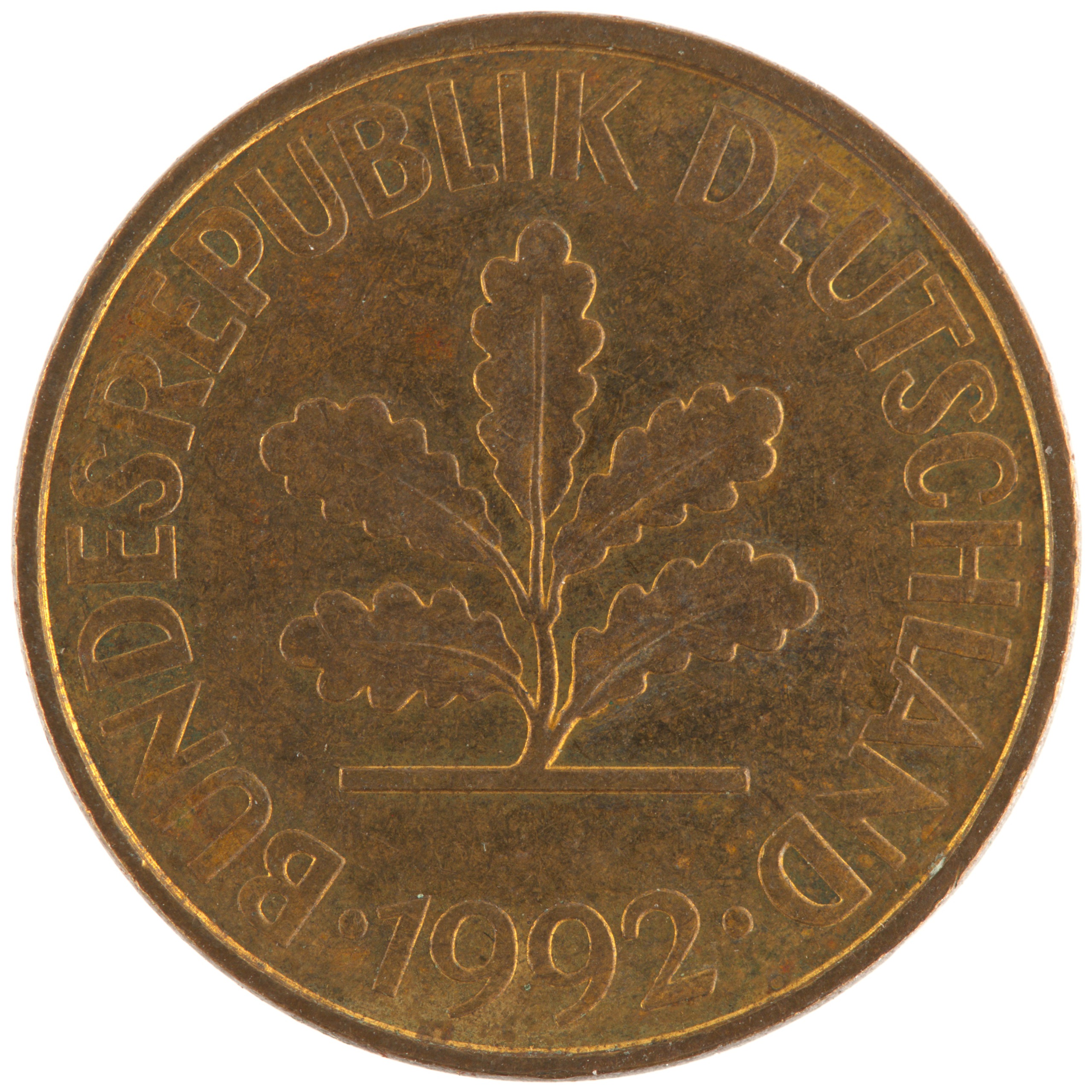 Allemagne - Pièce 10 Pfennig 1992 F acier plaqué laiton - Chêne / Epis