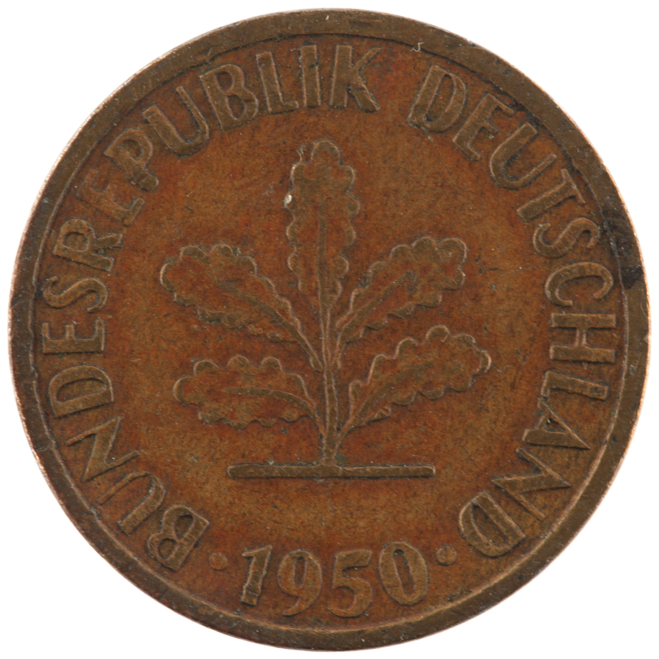 Allemagne - Pièce 5 Pfennig 1950 J acier plaqué laiton - Chêne / Epis (large lettre d'atelier)