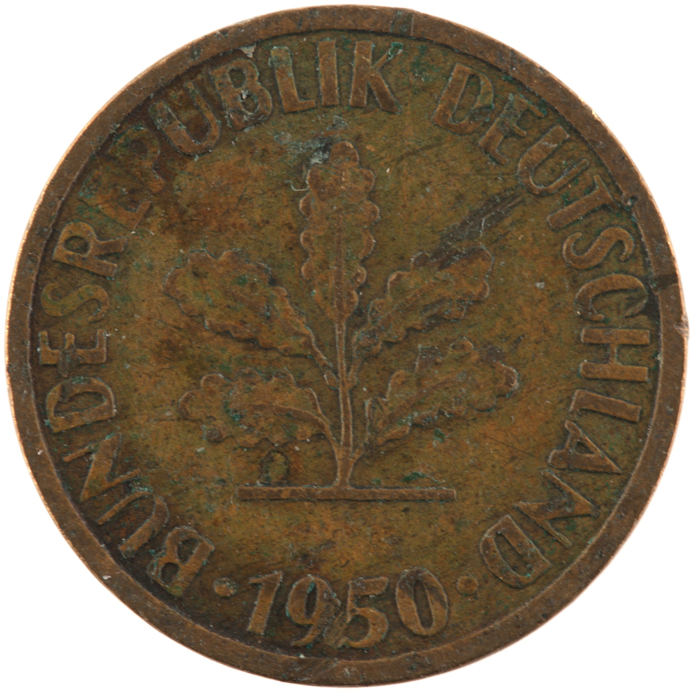 Allemagne - Pièce 5 Pfennig 1950 J acier plaqué laiton - Chêne / Epis (large lettre d'atelier)