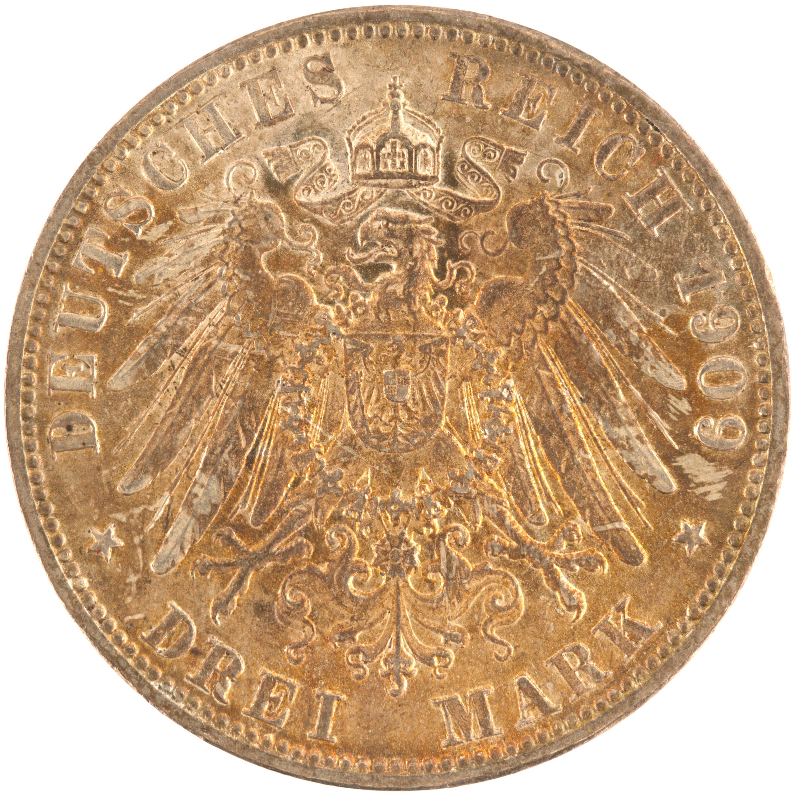 Allemagne - Pièce Drei Mark 1909 F argent - Guillaume II / Aigle héraldique