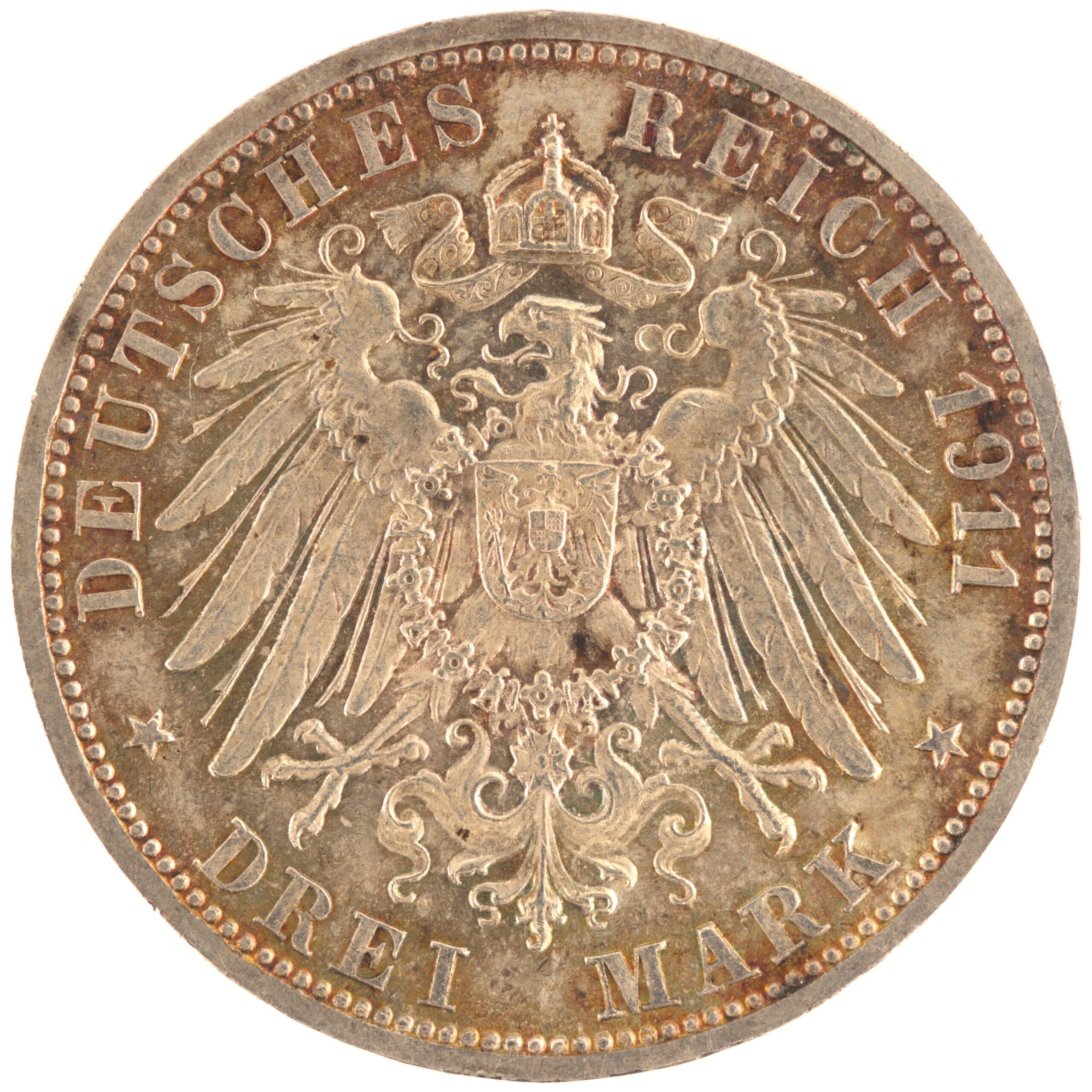 Allemagne - Pièce Drei Mark 1911 F argent - Guillaume II / Aigle héraldique
