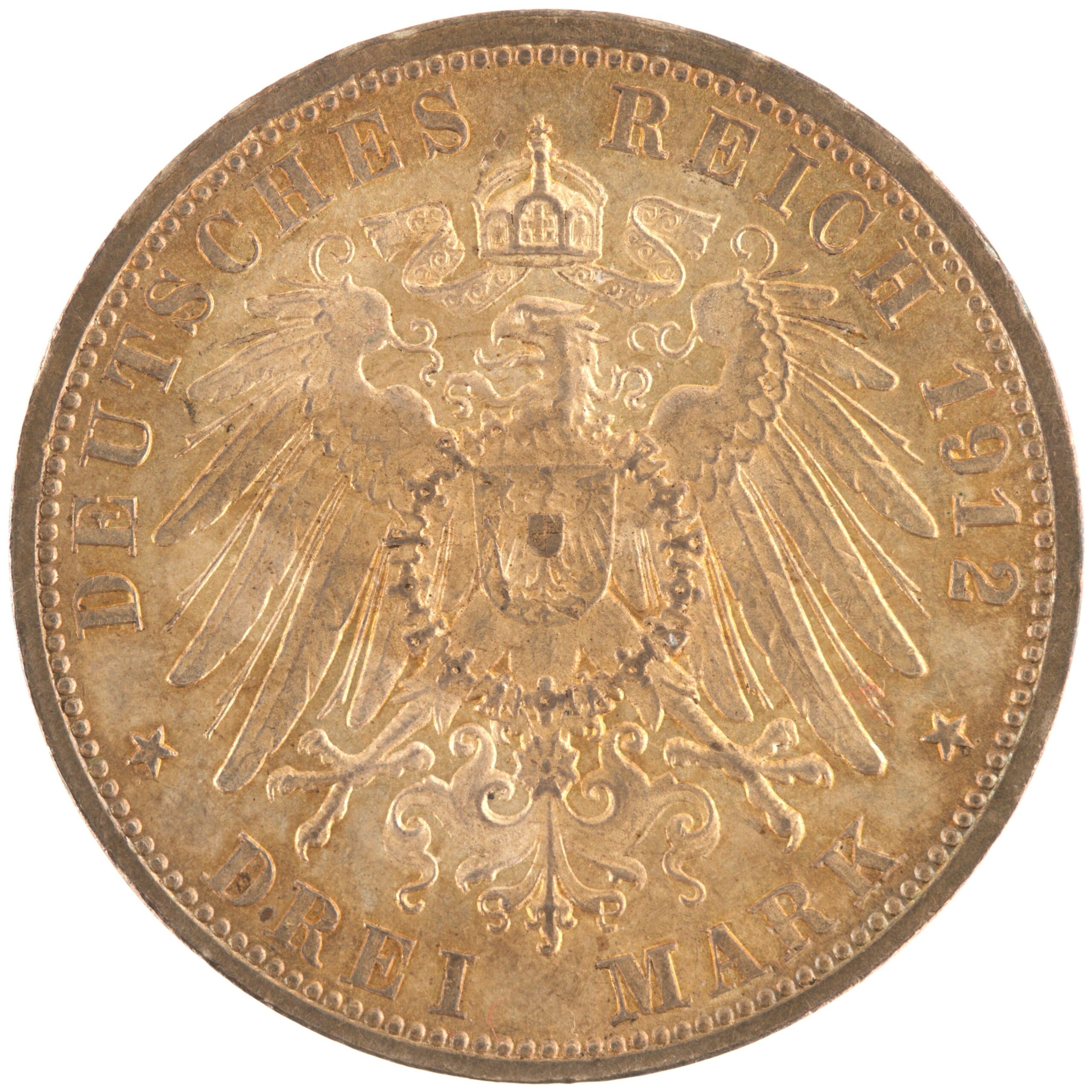 Allemagne - Pièce Drei Mark 1912 F argent - Guillaume II / Aigle héraldique