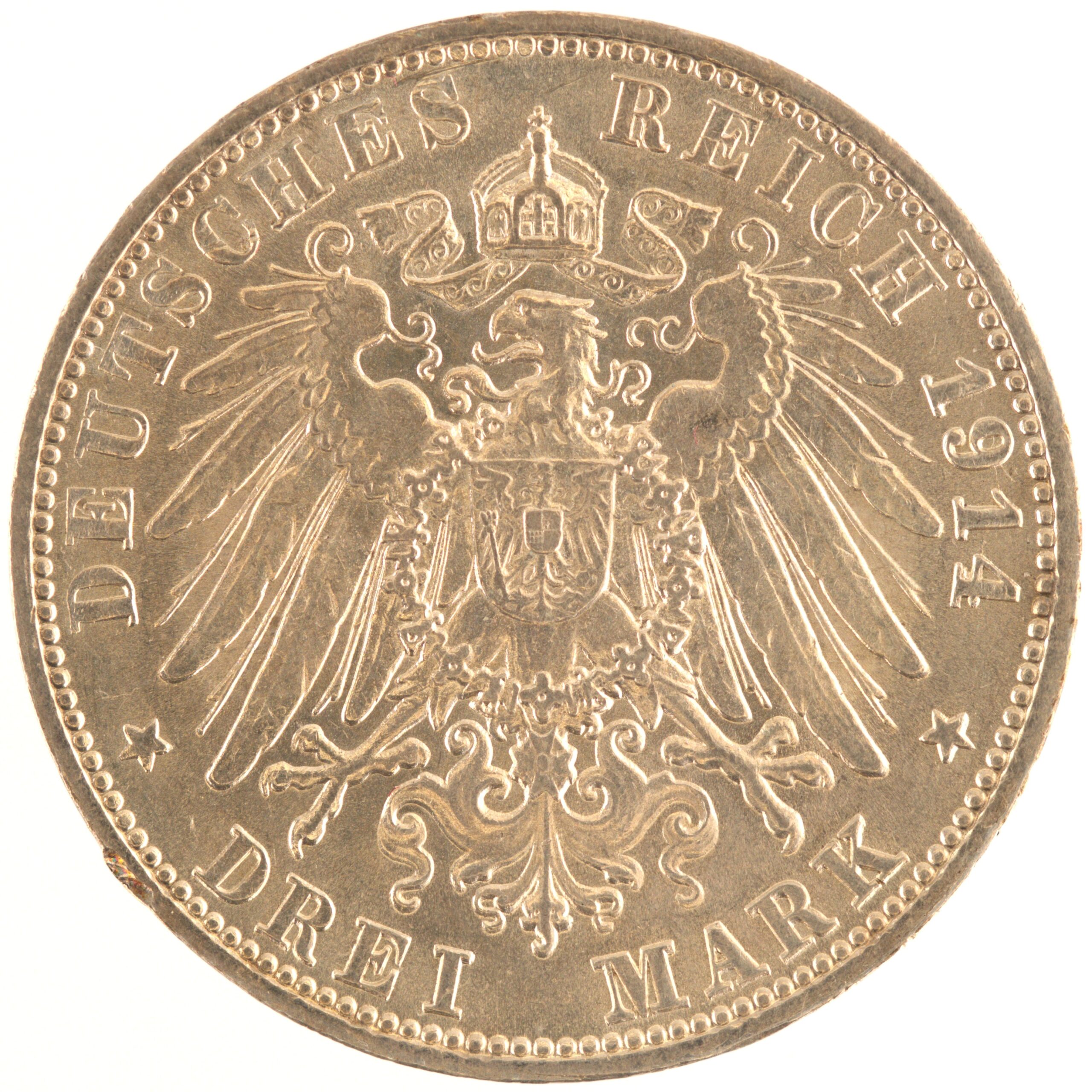 Allemagne - Pièce Drei Mark 1914 F argent - Guillaume II / Aigle héraldique