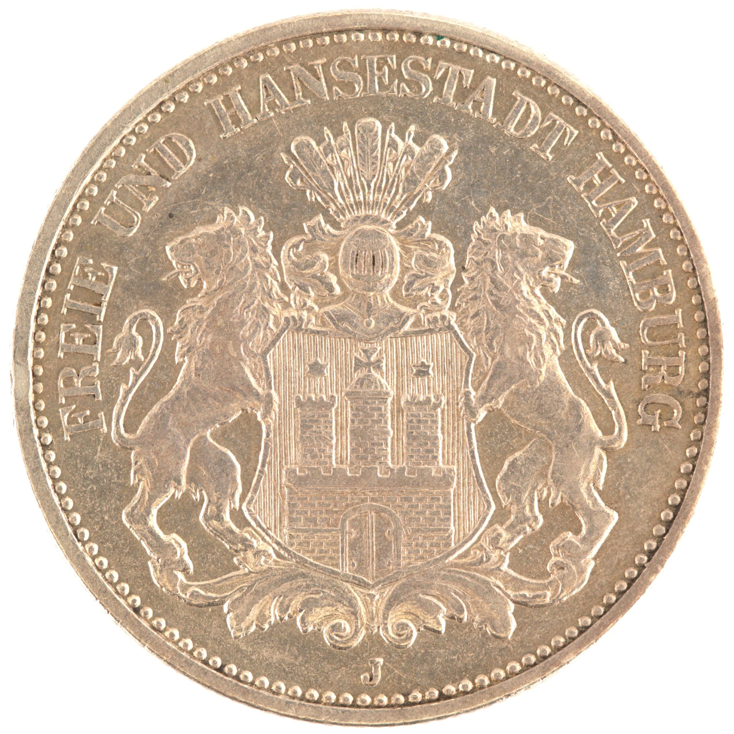 Allemagne - Pièce Zwei Mark 1911 J argent - Armoiries de la ville libre et hanséatique de Hambourg / Aigle héraldique – Image 2