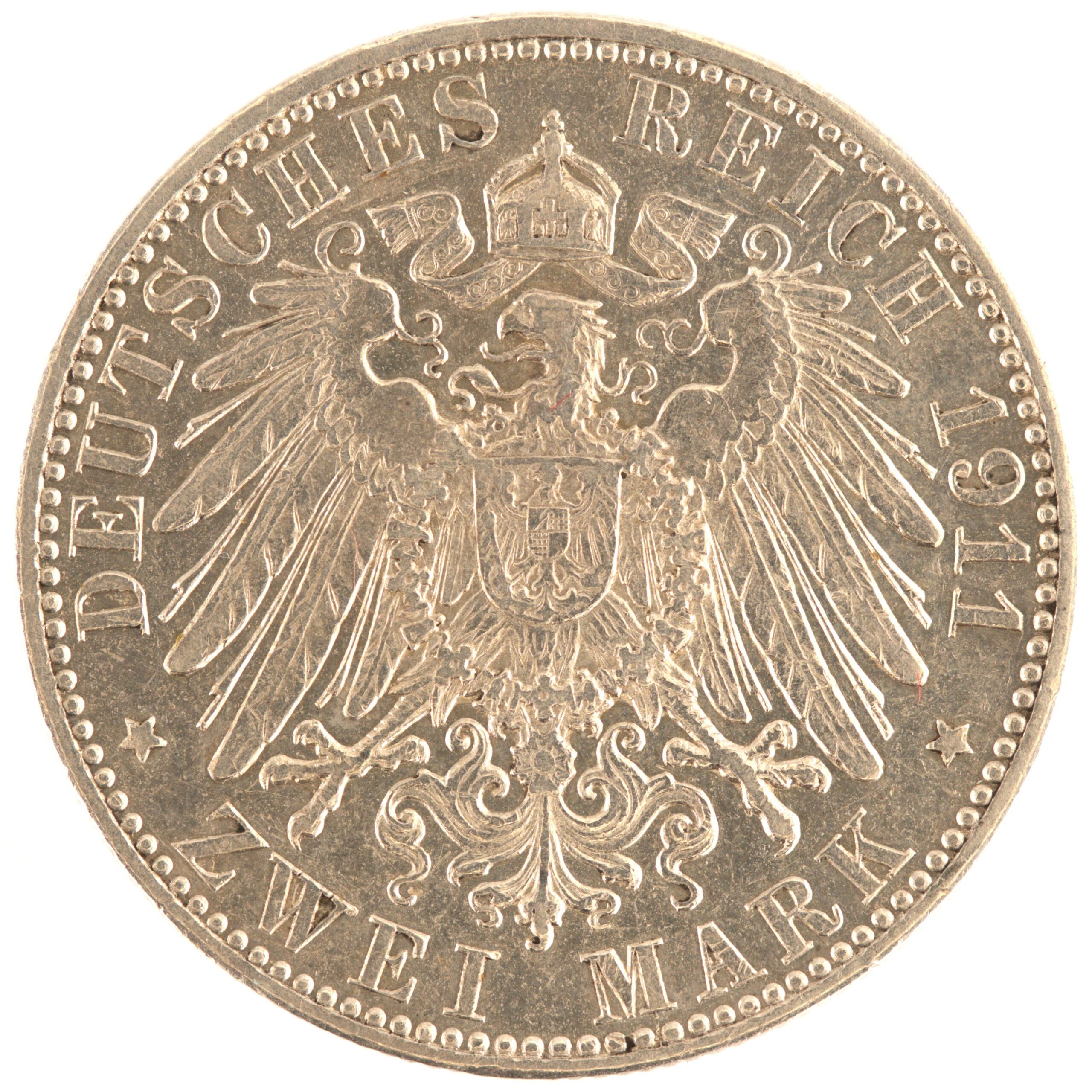 Allemagne - Pièce Zwei Mark 1911 J argent - Armoiries de la ville libre et hanséatique de Hambourg / Aigle héraldique