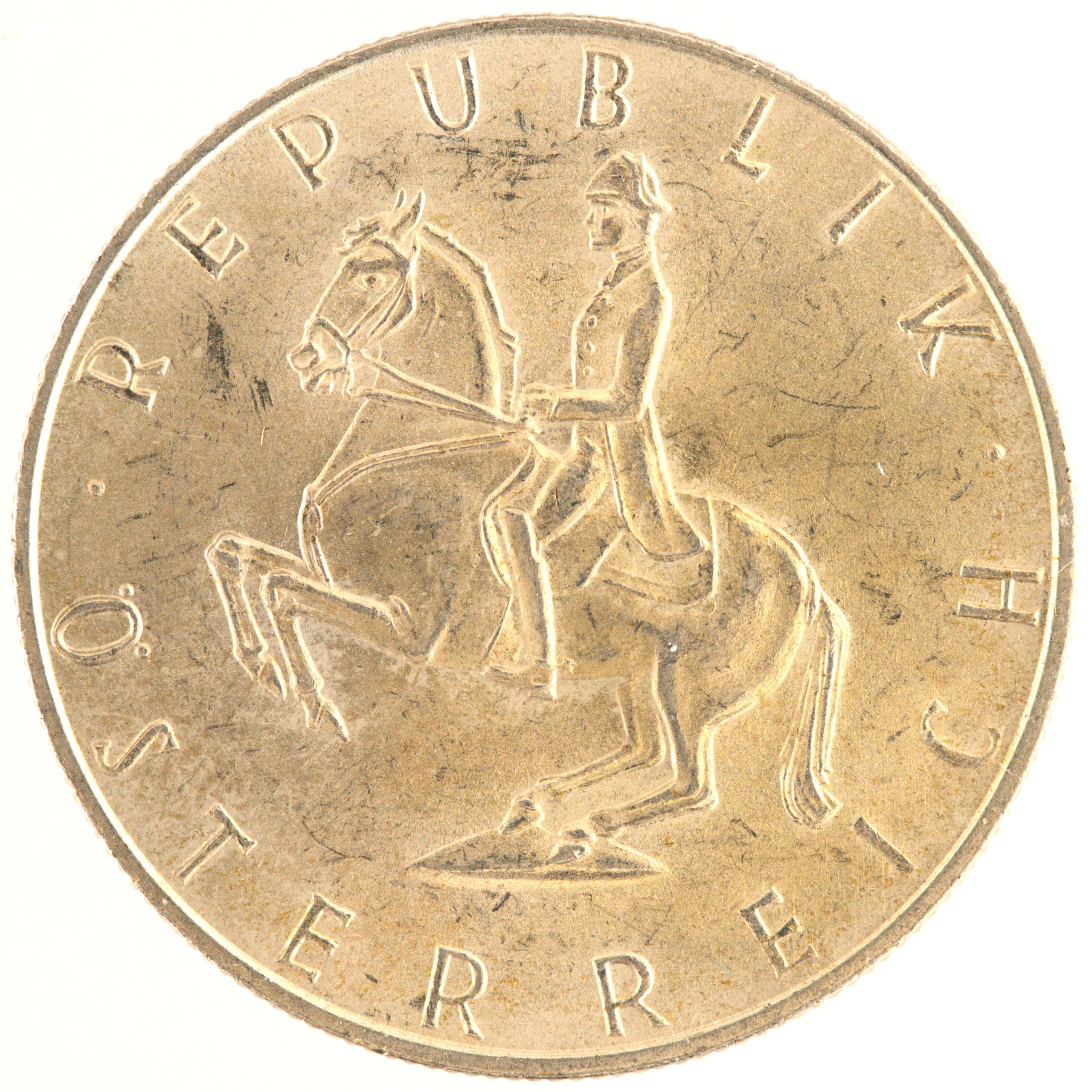 Autriche - Pièce 5 Schilling 1968 argent - Cavalier de l'école espagnole d'équitation / Armoiries autrichiennes – Image 2