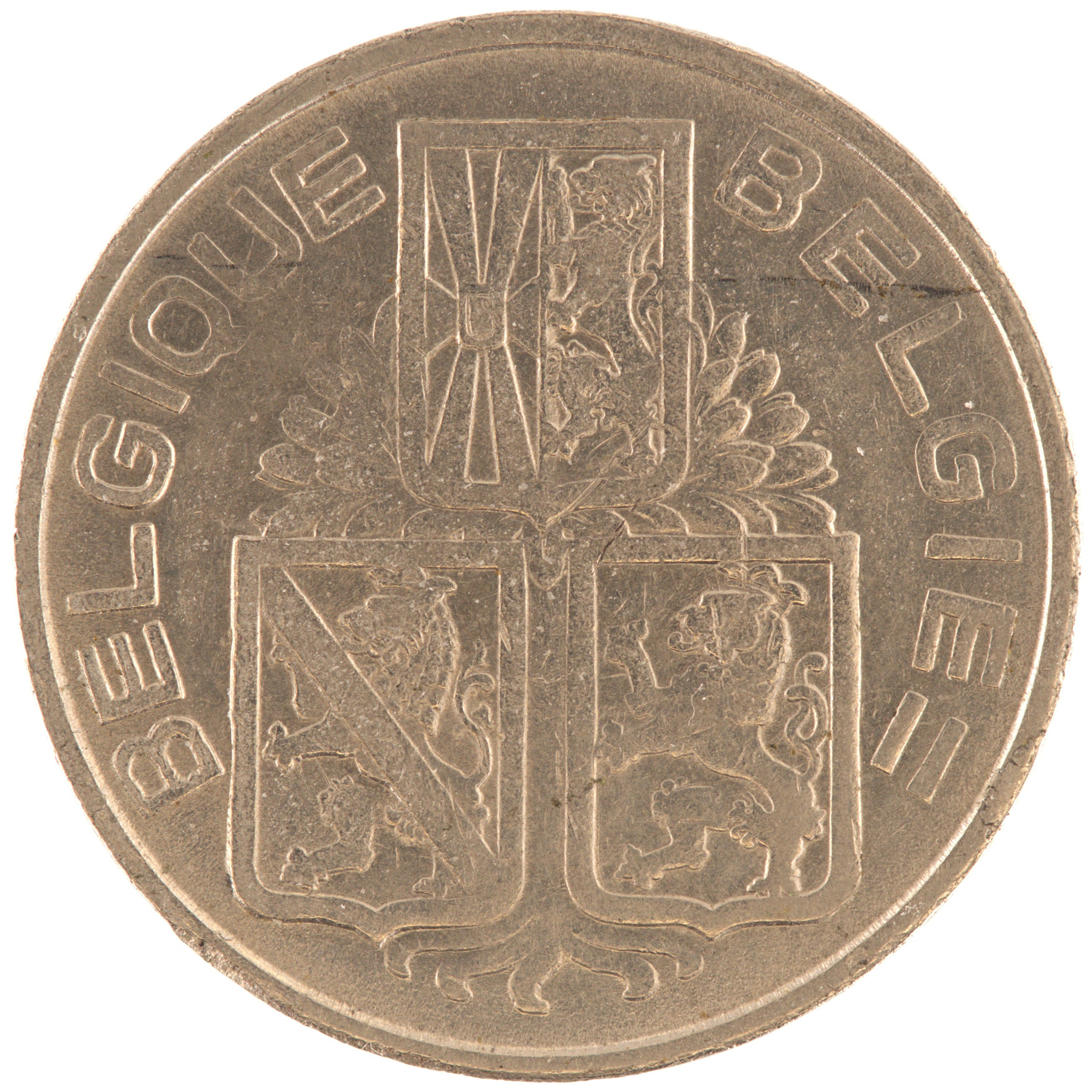 Belgique - Pièce 1 Franc (ou 1 Frank) 1939 nickel - Ecus / Lion, nom du pays émetteur en français à gauche – Image 2
