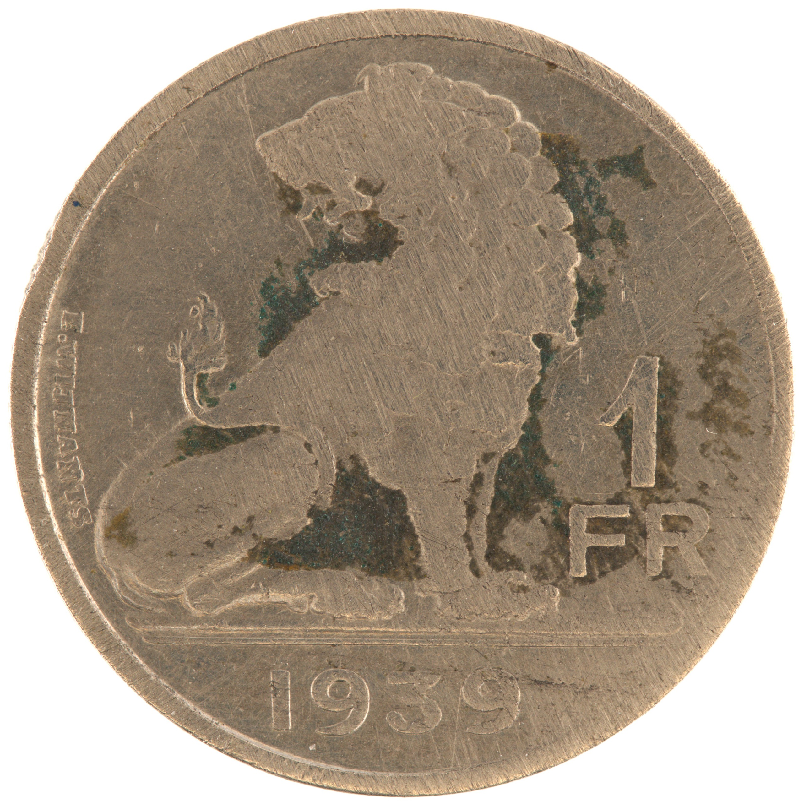 Belgique - Pièce 1 Franc (ou 1 Frank) 1939 nickel - Ecus / Lion, nom du pays émetteur en français à gauche