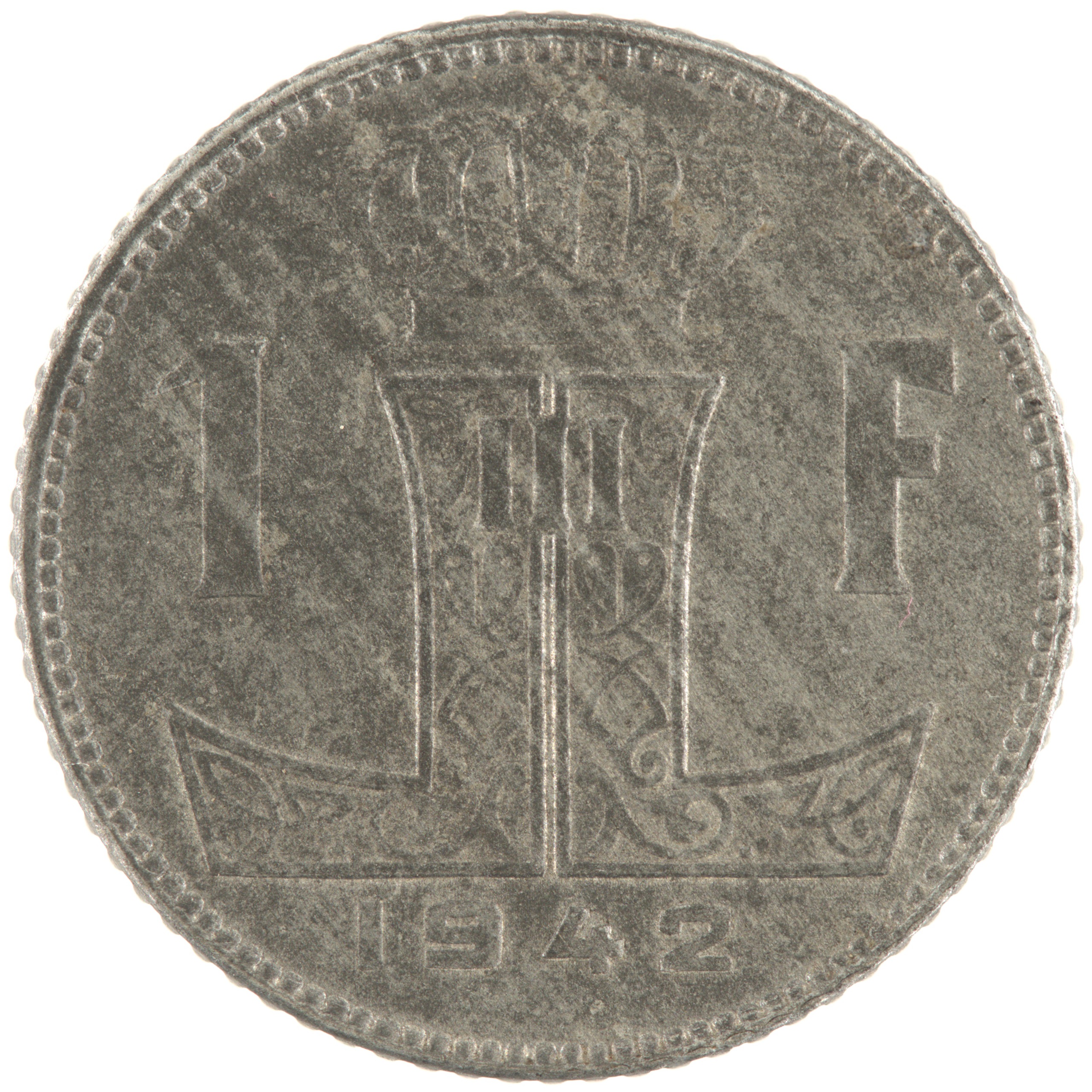 Belgique - Pièce 1 Franc (ou 1 Frank) 1942 zinc - Ecu belge / Monogramme de Léopold III, nom du pays émetteur en néerlandais à gauche