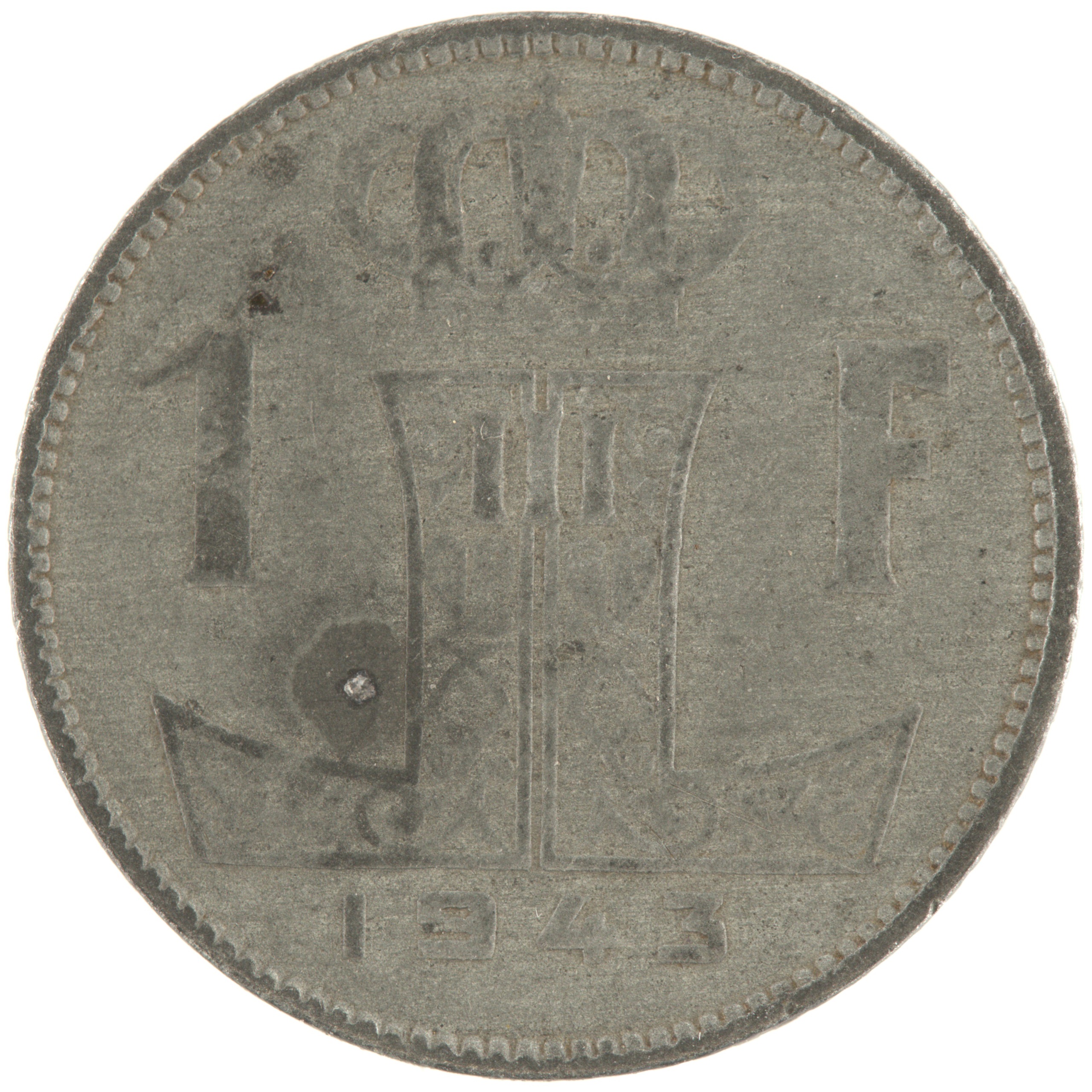 Belgique - Pièce 1 Franc (ou 1 Frank) 1943 zinc - Ecu belge / Monogramme de Léopold III, nom du pays émetteur en néerlandais à gauche