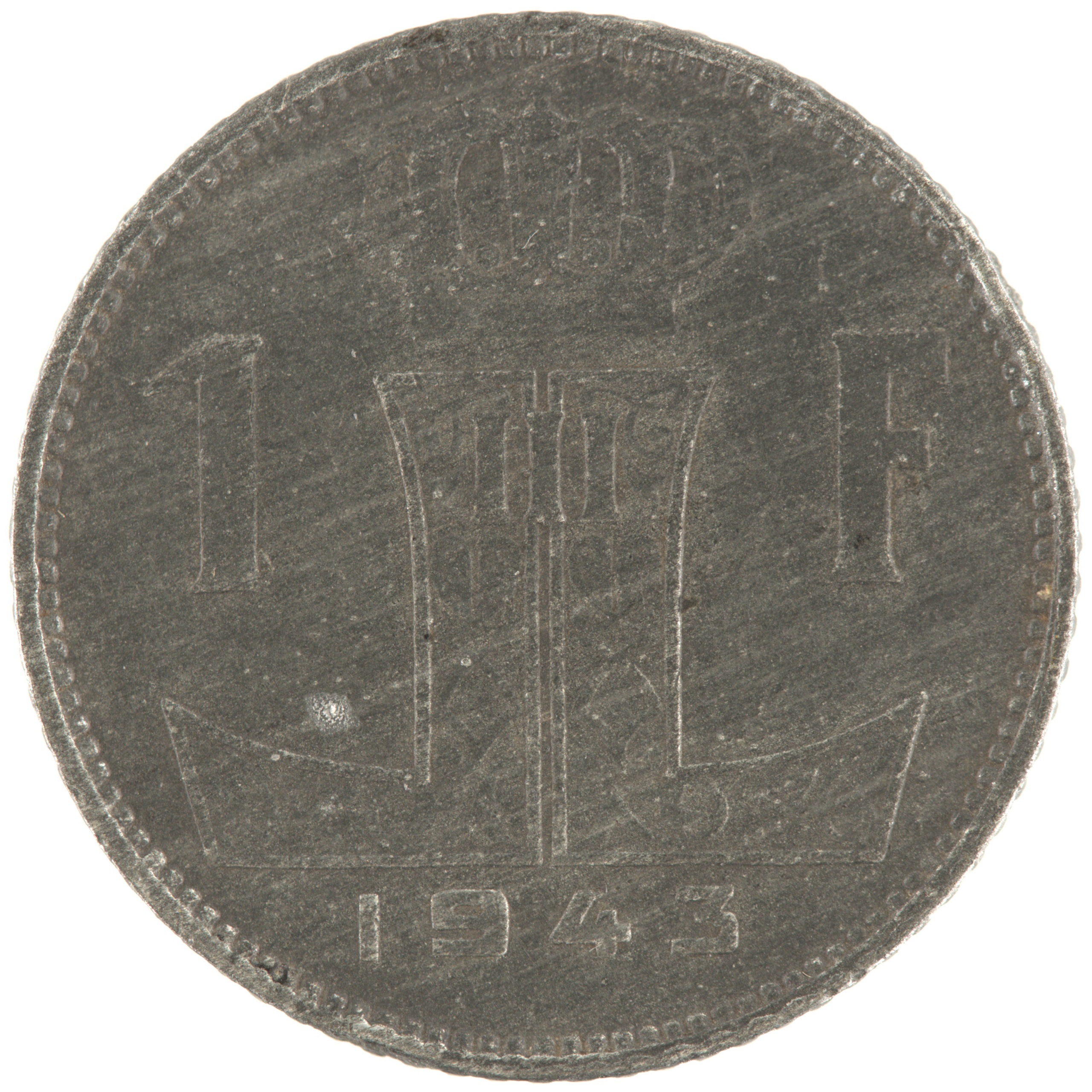 Belgique - Pièce 1 Franc (ou 1 Frank) 1943 zinc - Ecu belge / Monogramme de Léopold III, nom du pays émetteur en français à gauche