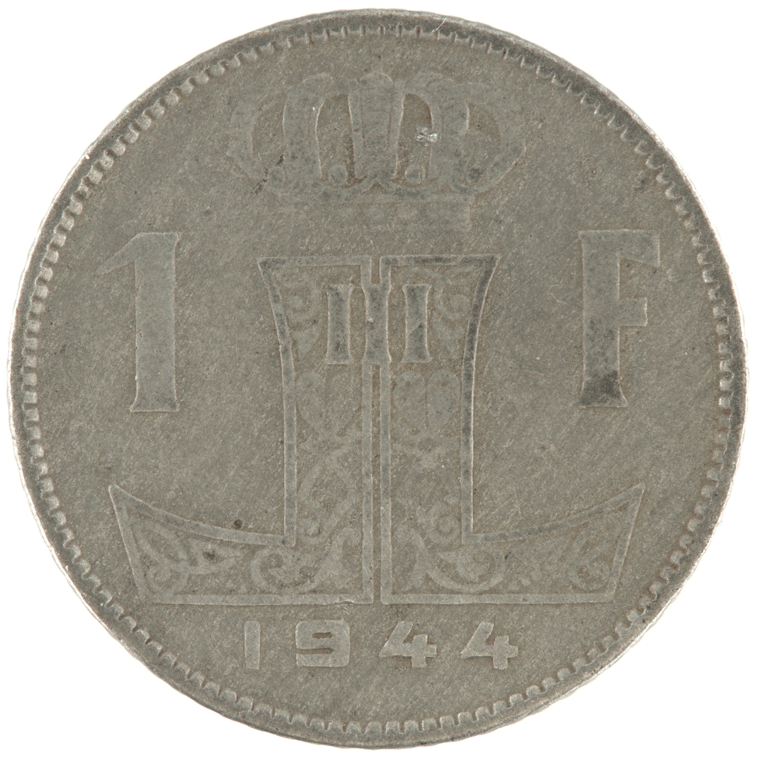 Belgique - Pièce 1 Franc (ou 1 Frank) 1944 zinc - Ecu belge / Monogramme de Léopold III, nom du pays émetteur en néerlandais à gauche