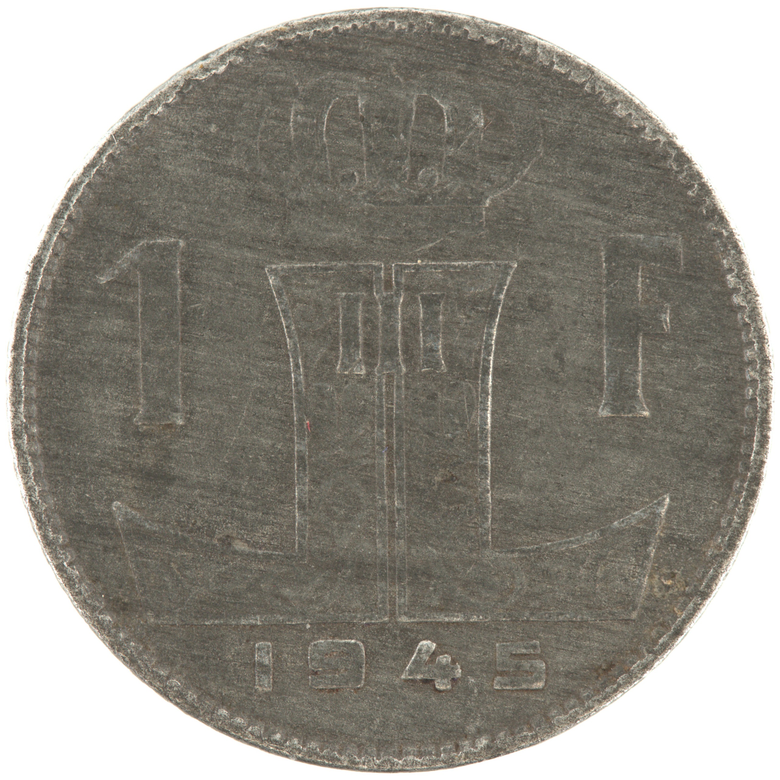 Belgique - Pièce 1 Franc (ou 1 Frank) 1945 zinc - Ecu belge / Monogramme de Léopold III, nom du pays émetteur en néerlandais à gauche