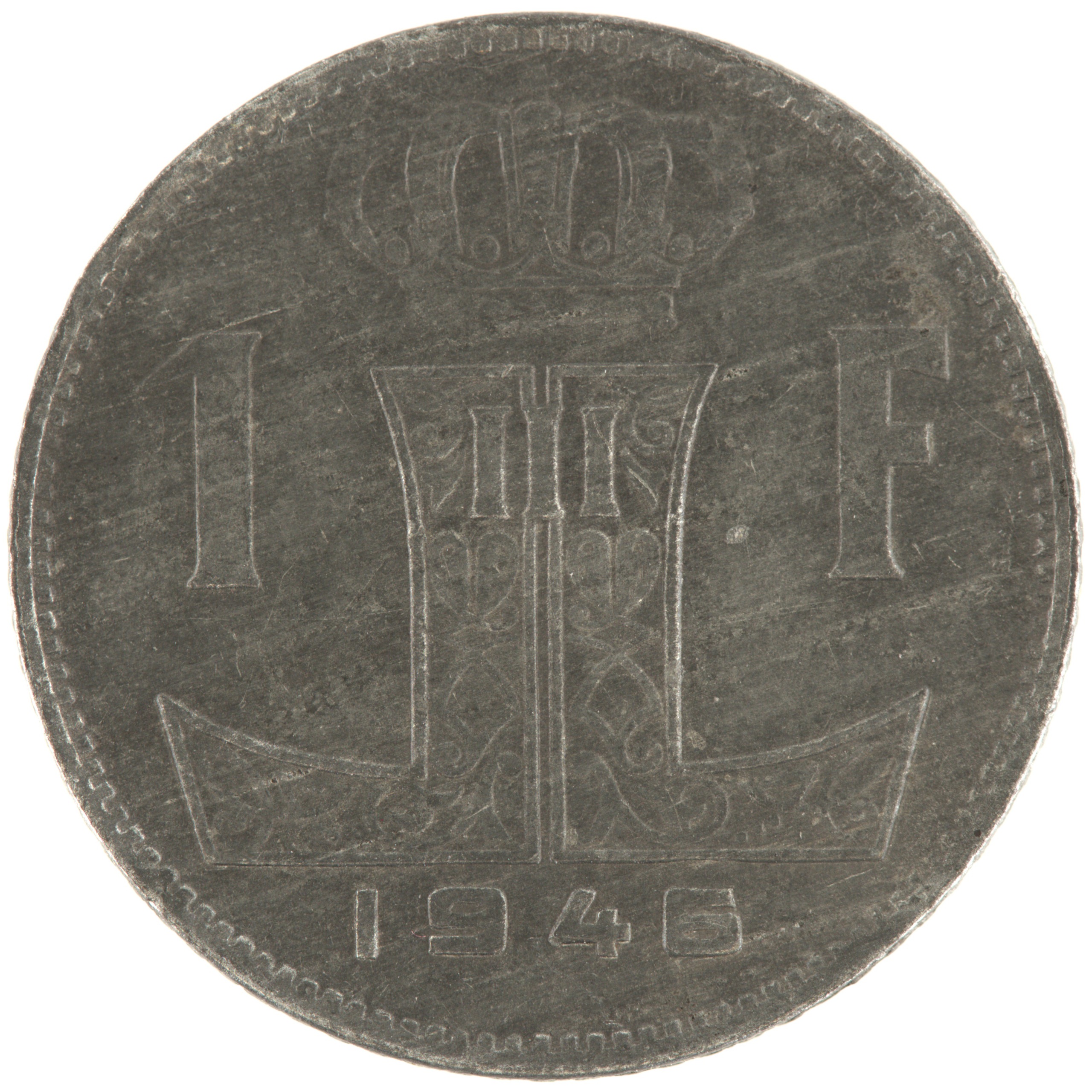 Belgique - Pièce 1 Franc (ou 1 Frank) 1946 zinc - Ecu belge / Monogramme de Léopold III, nom du pays émetteur en néerlandais à gauche