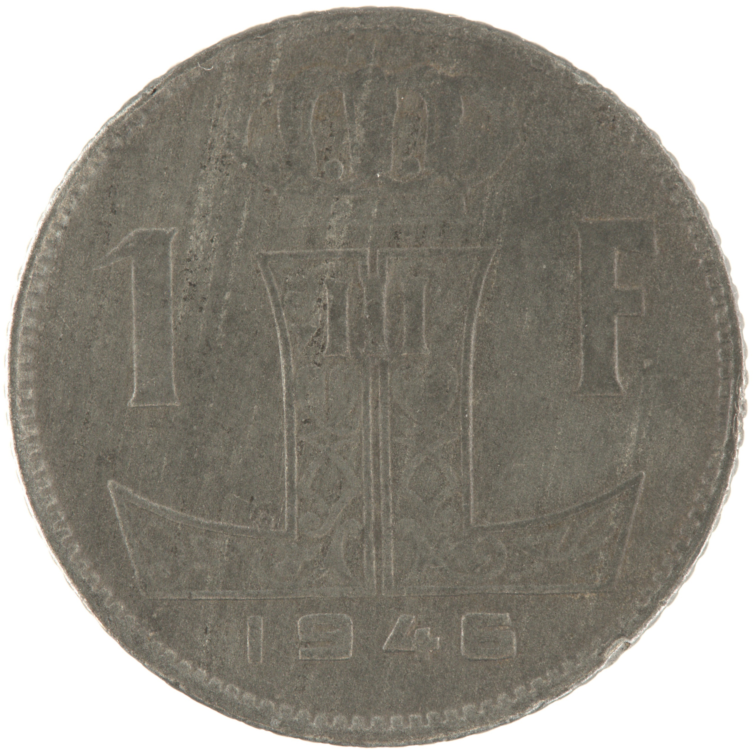 Belgique - Pièce 1 Franc (ou 1 Frank) 1946 zinc - Ecu belge / Monogramme de Léopold III, nom du pays émetteur en néerlandais à gauche