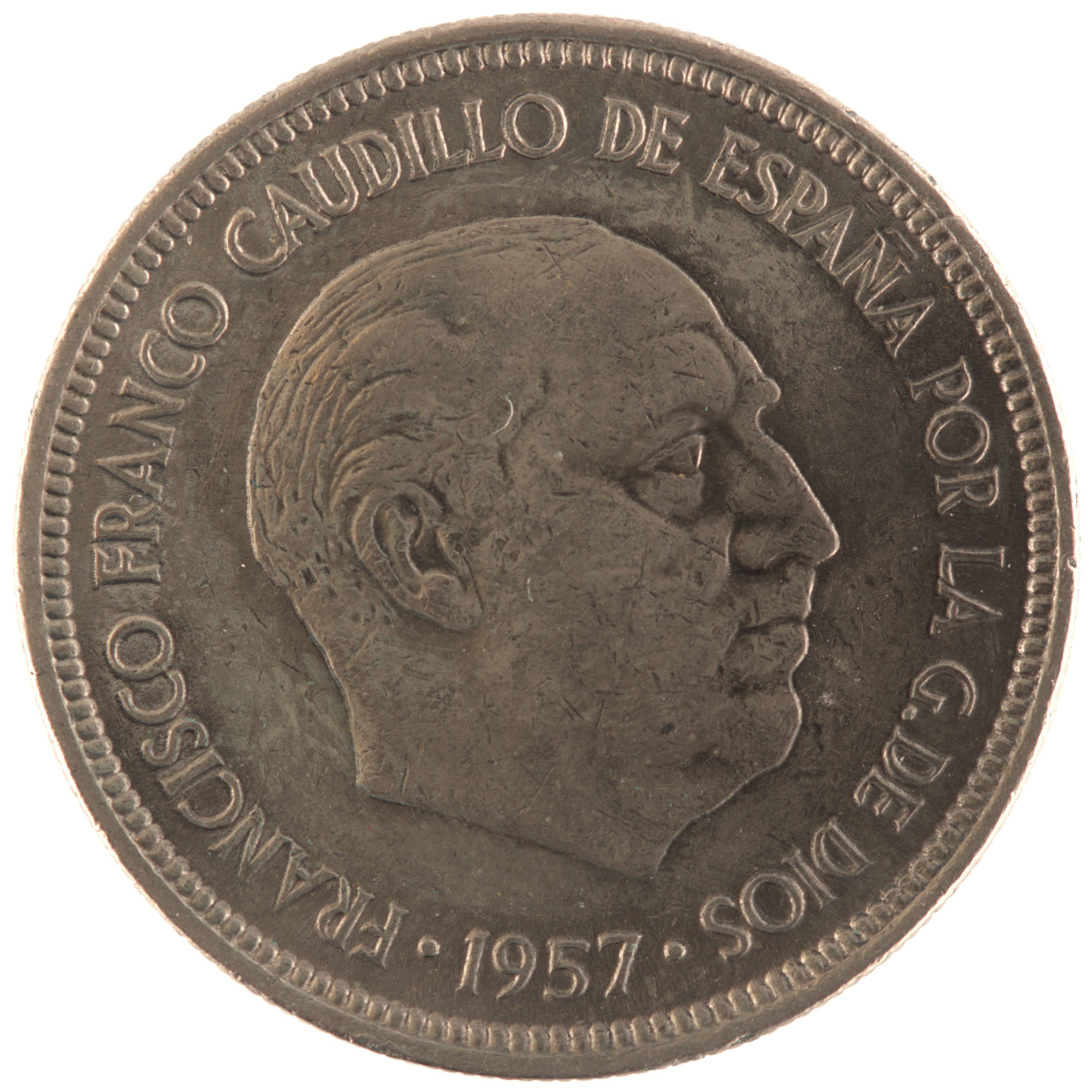 Espagne - Pièce 5 Pesetas 1957 cupro-nickel - Francisco Franco / Armoiries de l'Etat Espagnol (69 dans l'étoile) – Image 2