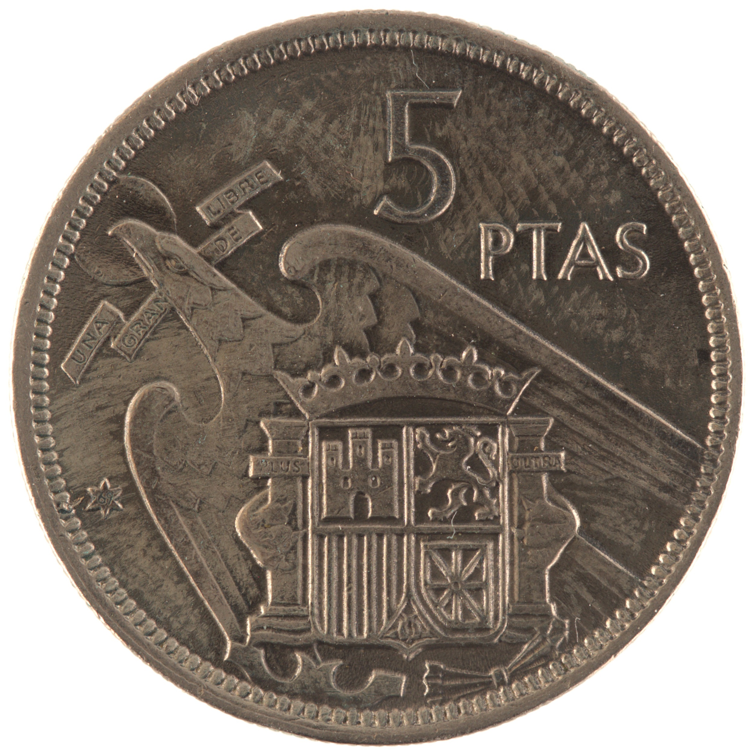 Espagne - Pièce 5 Pesetas 1957 cupro-nickel - Francisco Franco / Armoiries de l'Etat Espagnol (69 dans l'étoile)