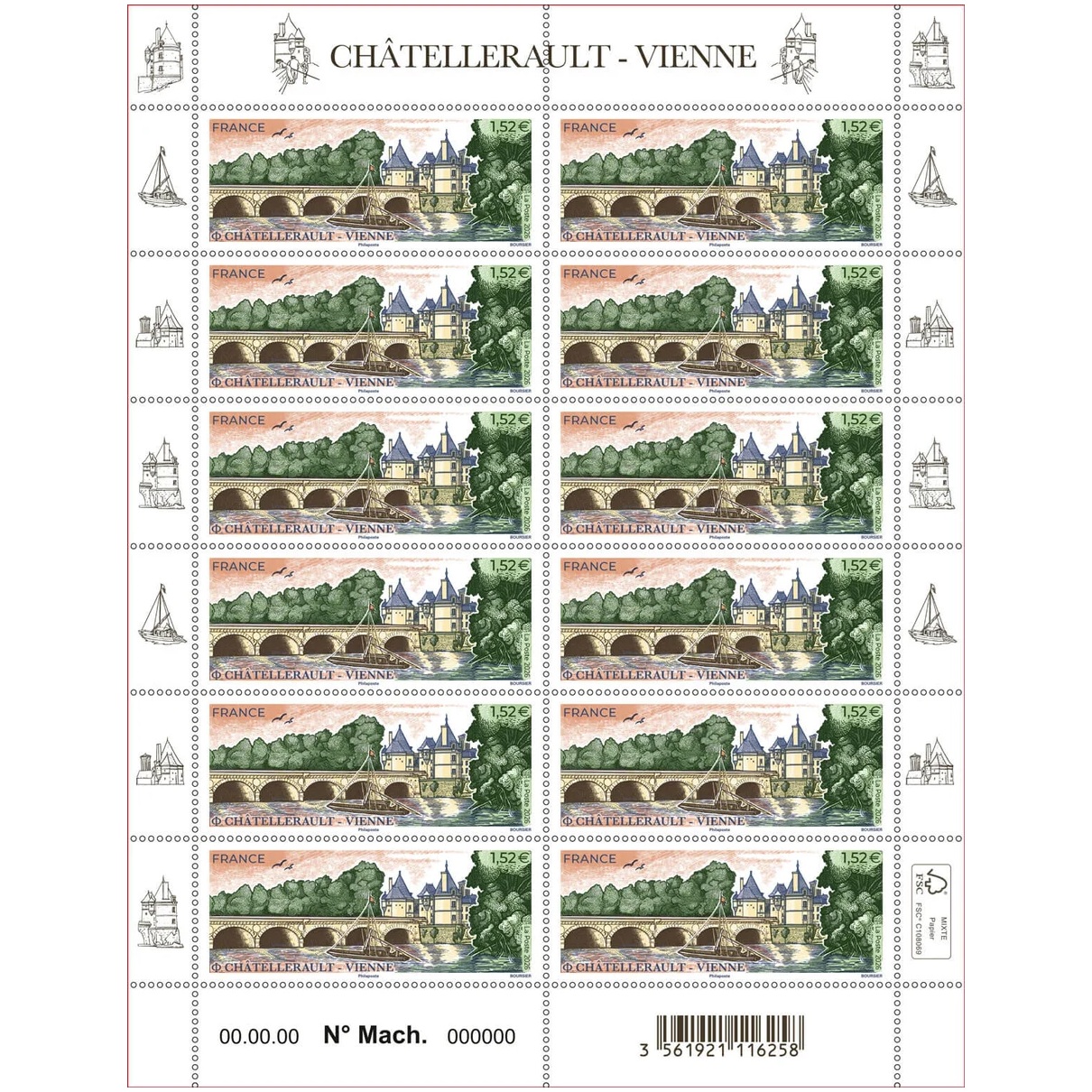 France - Feuille de 12 timbres 1,52 Euro 2026 - Châtellerault, dans la Vienne