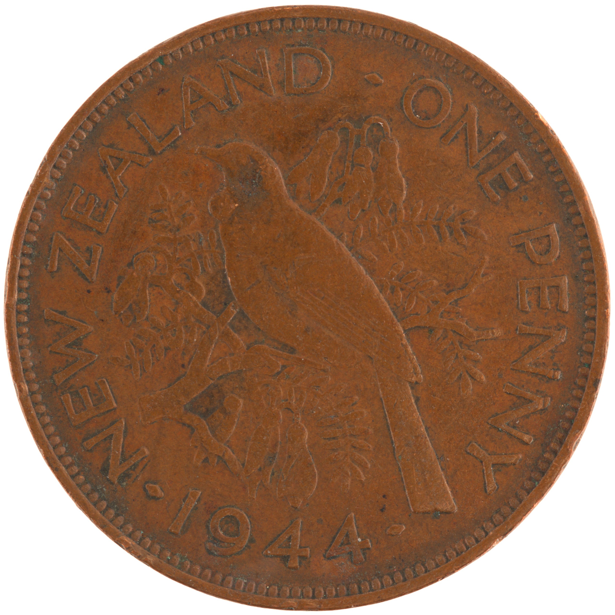 Nouvelle-Zélande - Pièce One Penny 1944 bronze - George VI / Méliphage tui
