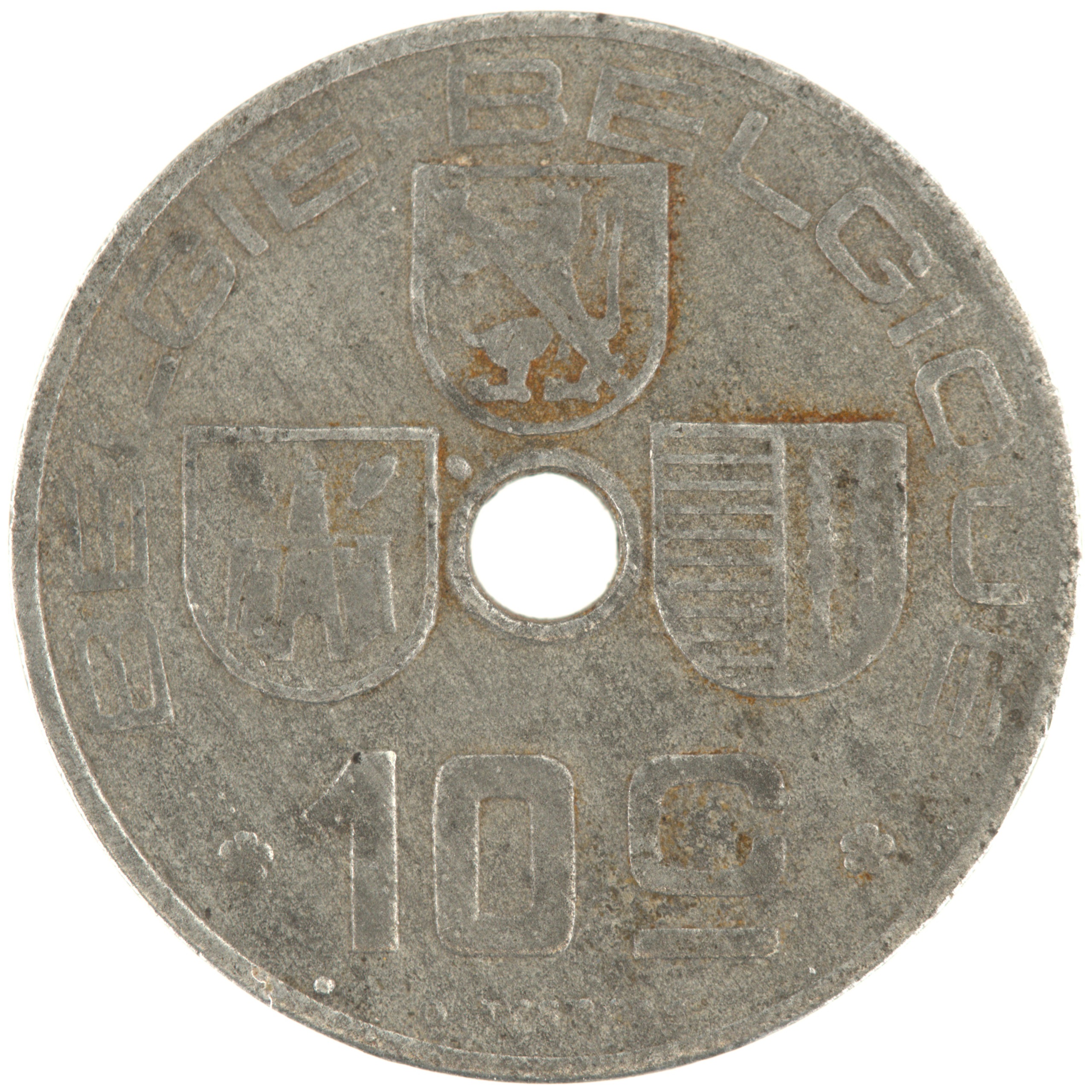 Belgique - Pièce 10 Centimes (ou 10 Centiemen) 1942 zinc - Ecus / Monogramme de Léopold III, nom du pays émetteur en néerlandais à gauche – Image 2