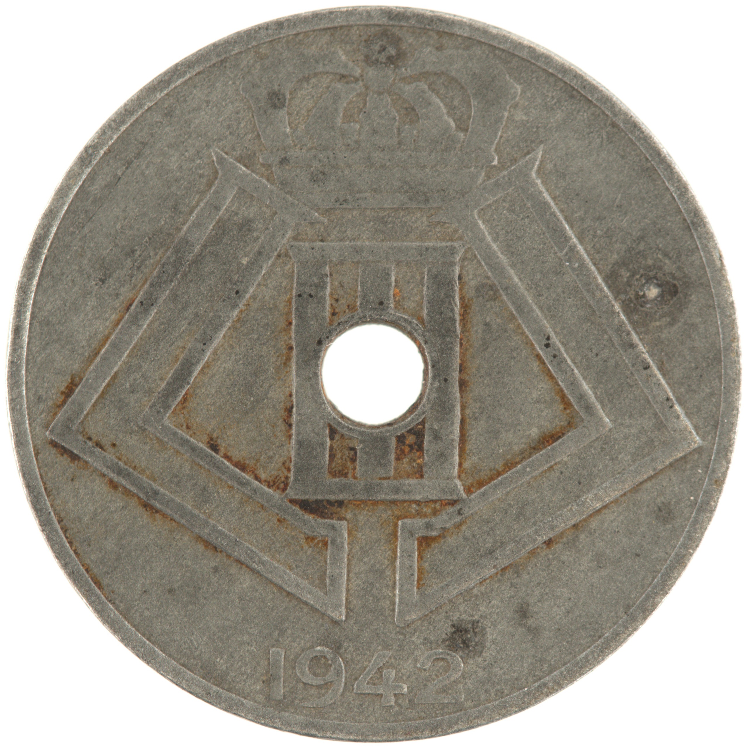 Belgique - Pièce 10 Centimes (ou 10 Centiemen) 1942 zinc - Ecus / Monogramme de Léopold III, nom du pays émetteur en néerlandais à gauche