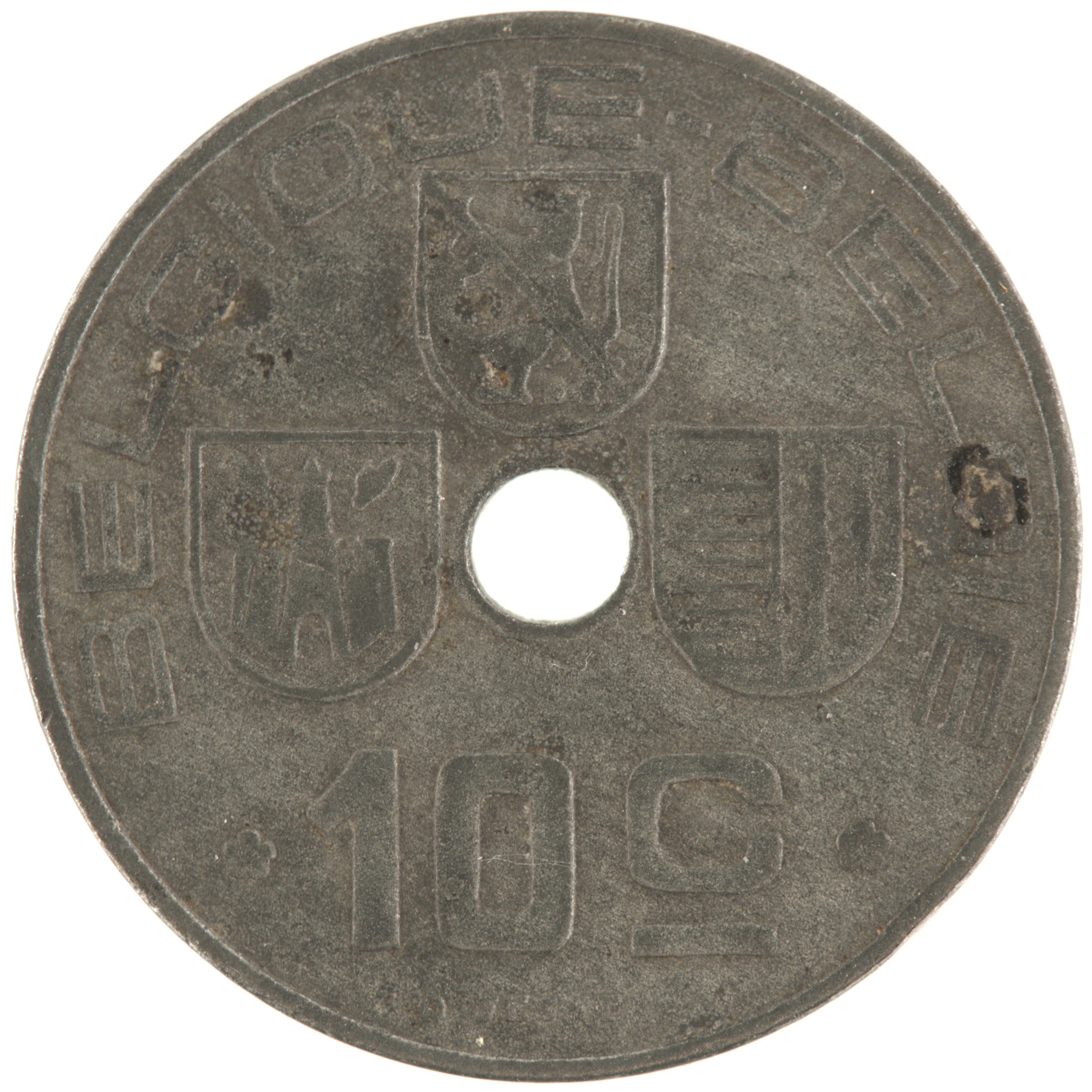 Belgique - Pièce 10 Centimes (ou 10 Centiemen) 1943 zinc - Ecus / Monogramme de Léopold III, nom du pays émetteur en français à gauche – Image 2