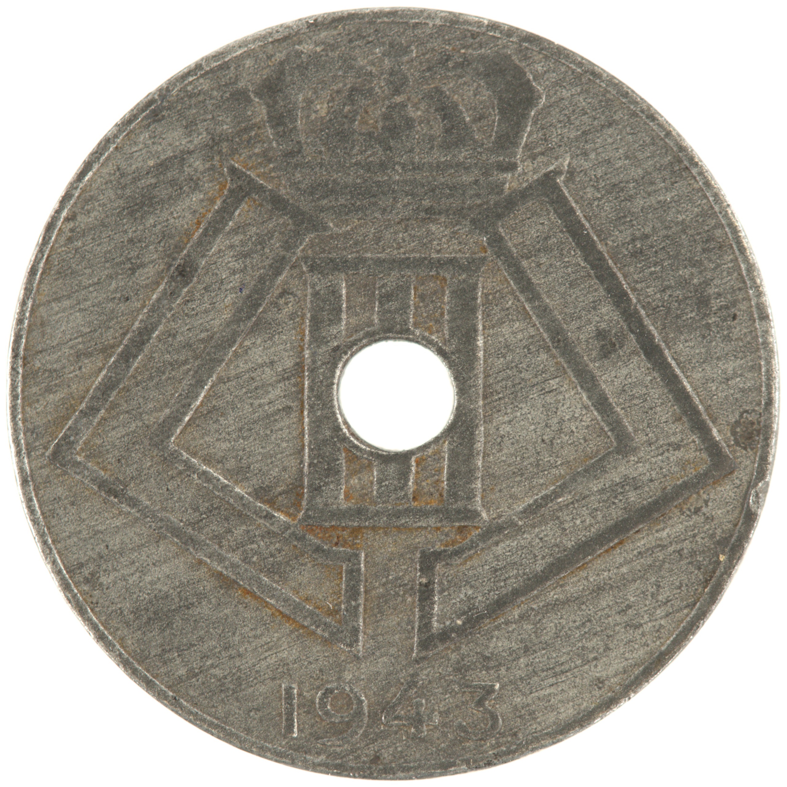 Belgique - Pièce 10 Centimes (ou 10 Centiemen) 1943 zinc - Ecus / Monogramme de Léopold III, nom du pays émetteur en français à gauche