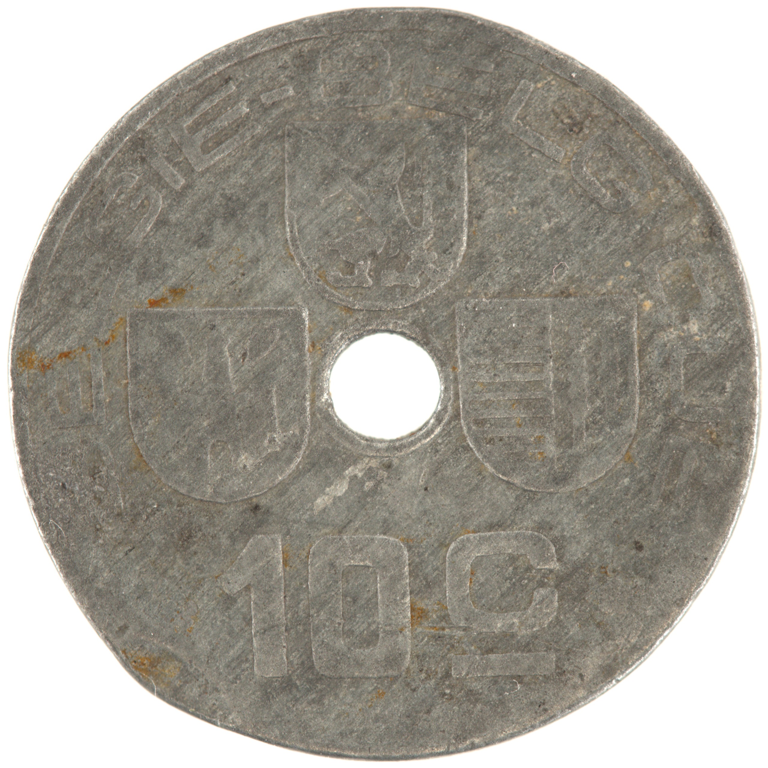 Belgique - Pièce 10 Centimes (ou 10 Centiemen) 1944 zinc - Ecus / Monogramme de Léopold III, nom du pays émetteur en néerlandais à gauche – Image 2