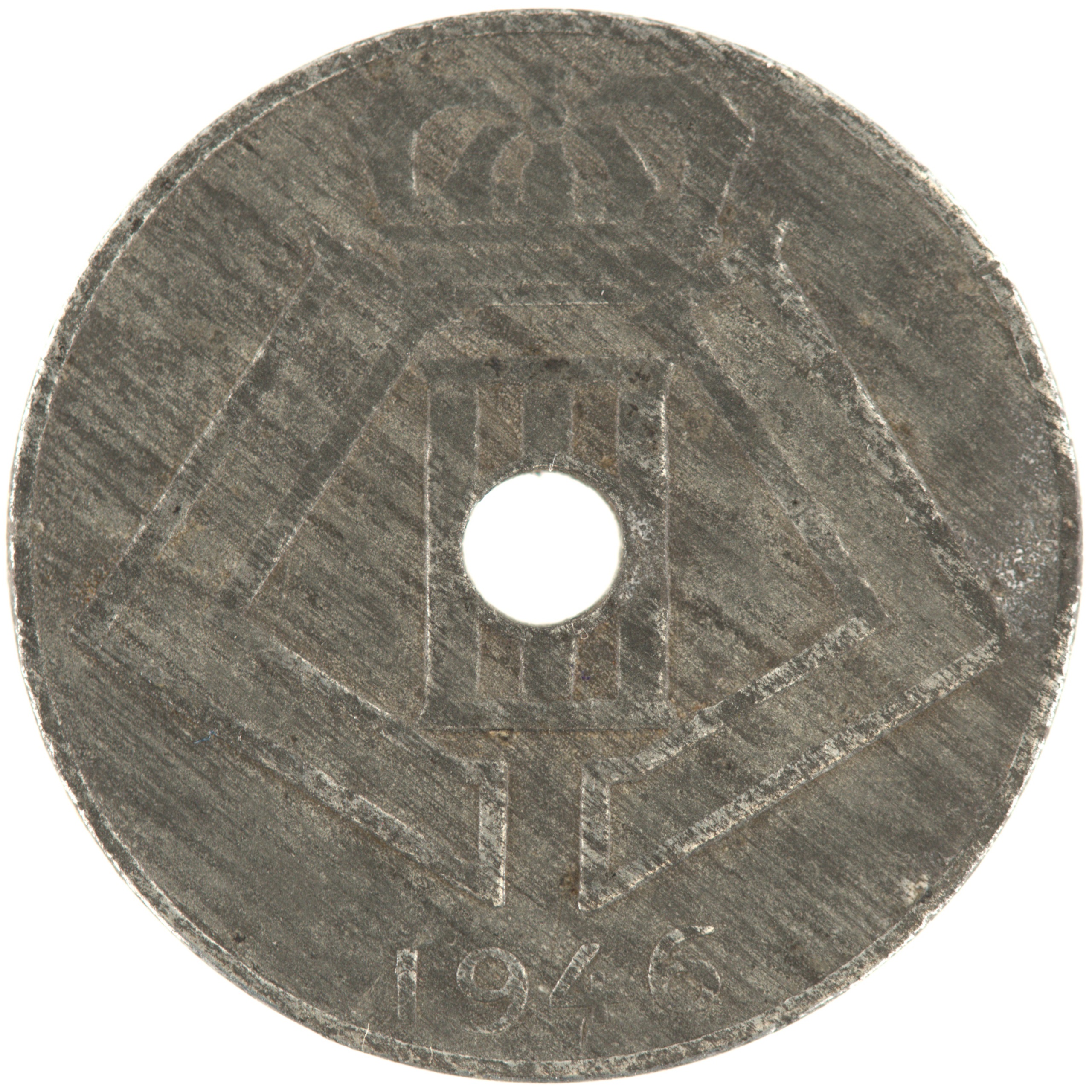 Belgique - Pièce 10 Centimes (ou 10 Centiemen) 1946 zinc - Ecus / Monogramme de Léopold III, nom du pays émetteur en néerlandais à gauche
