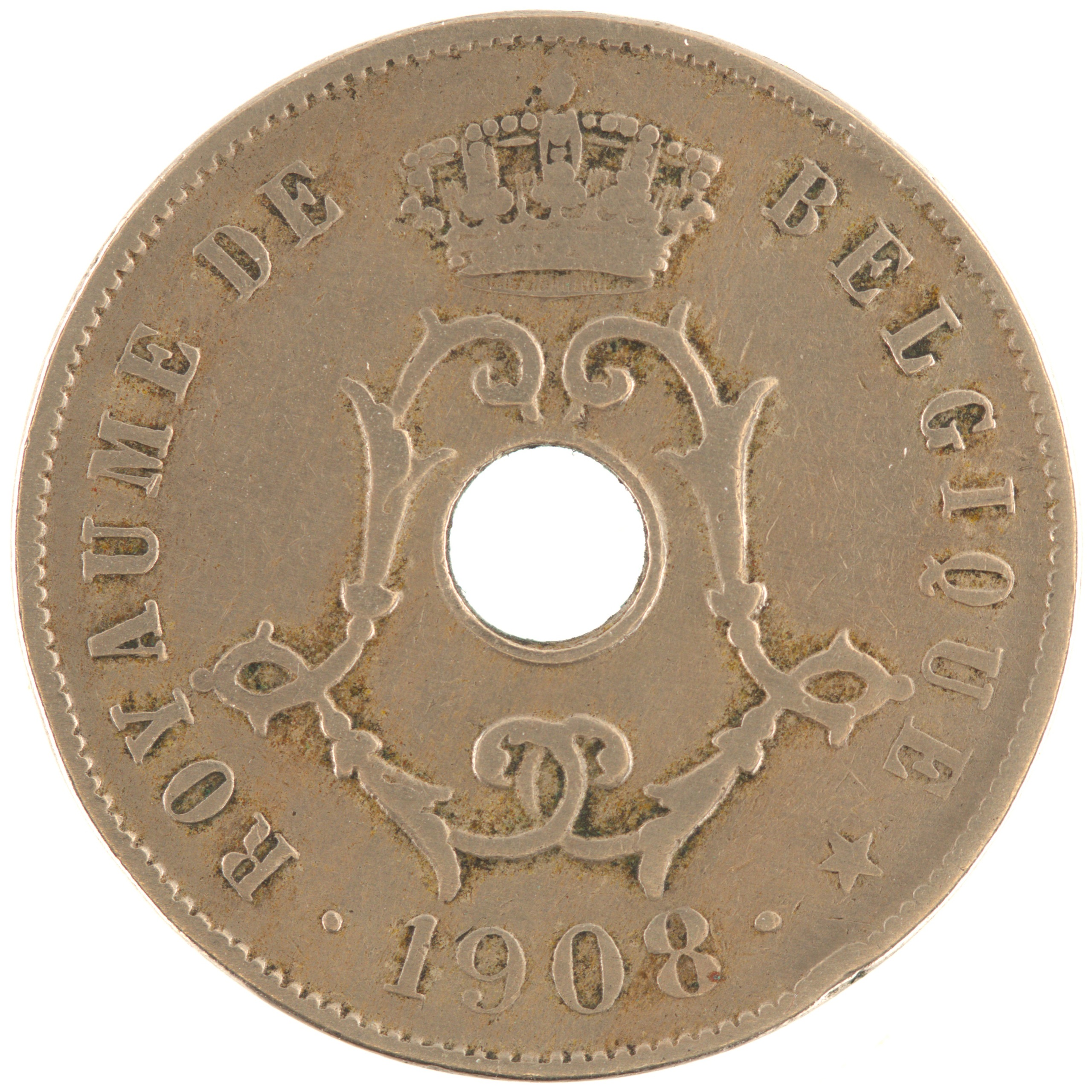 Belgique - Pièce 25 Centimes 1908 cupro-nickel - Monogramme de Léopold II