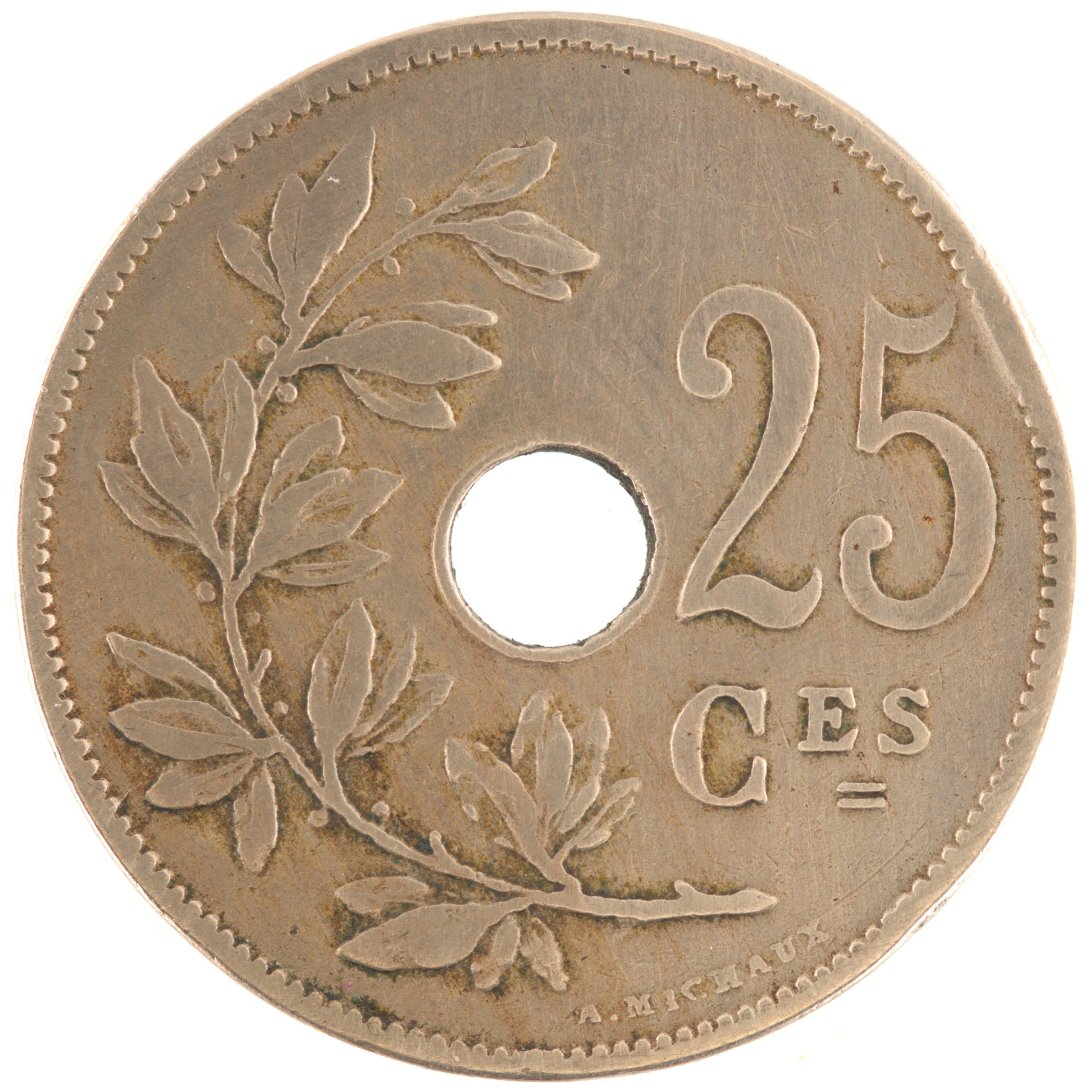 Belgique - Pièce 25 Centimes 1908 cupro-nickel - Monogramme de Léopold II – Image 2
