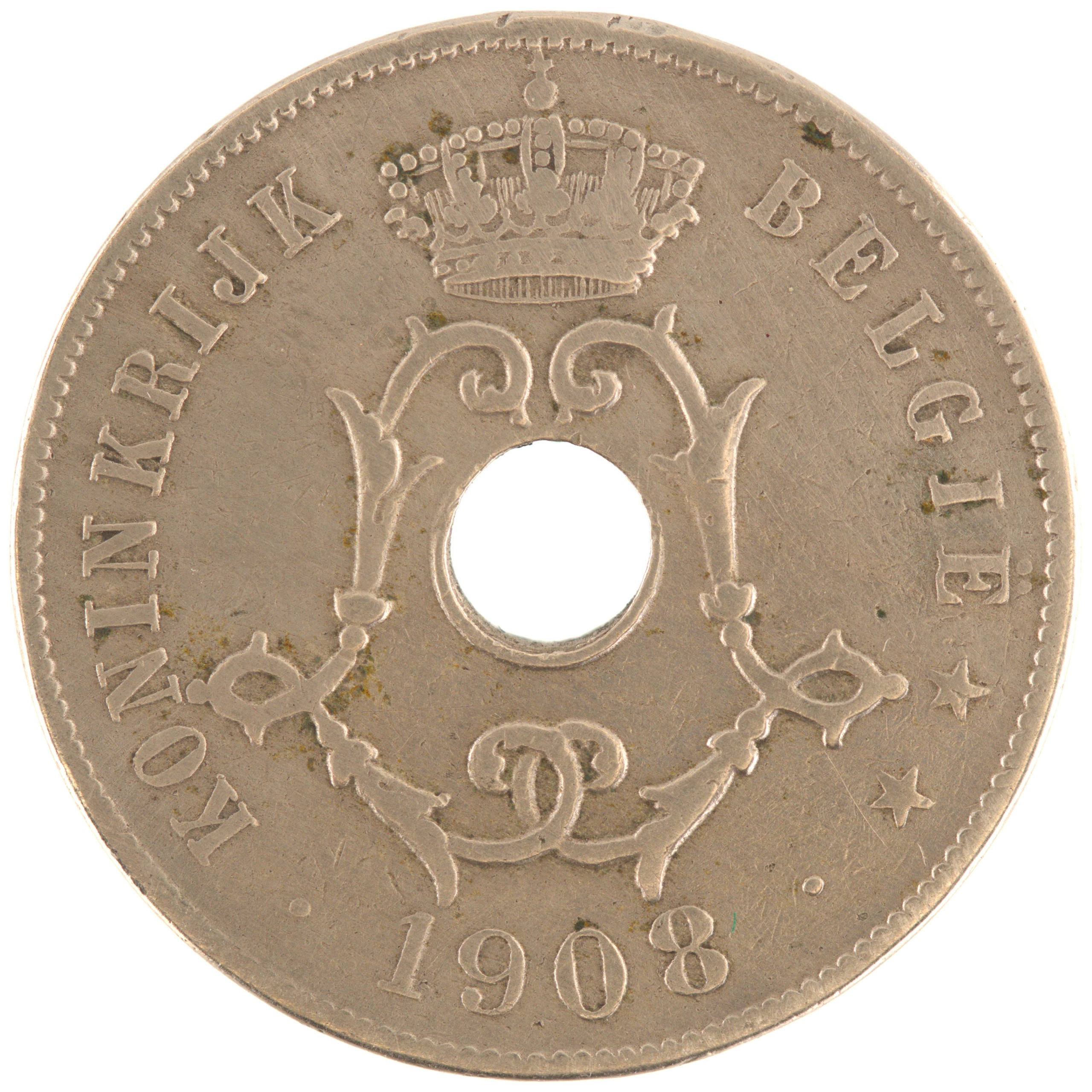 Belgique - Pièce 25 Centiemen (soit 25 Centimes) 1908 cupro-nickel - Monogramme de Léopold II