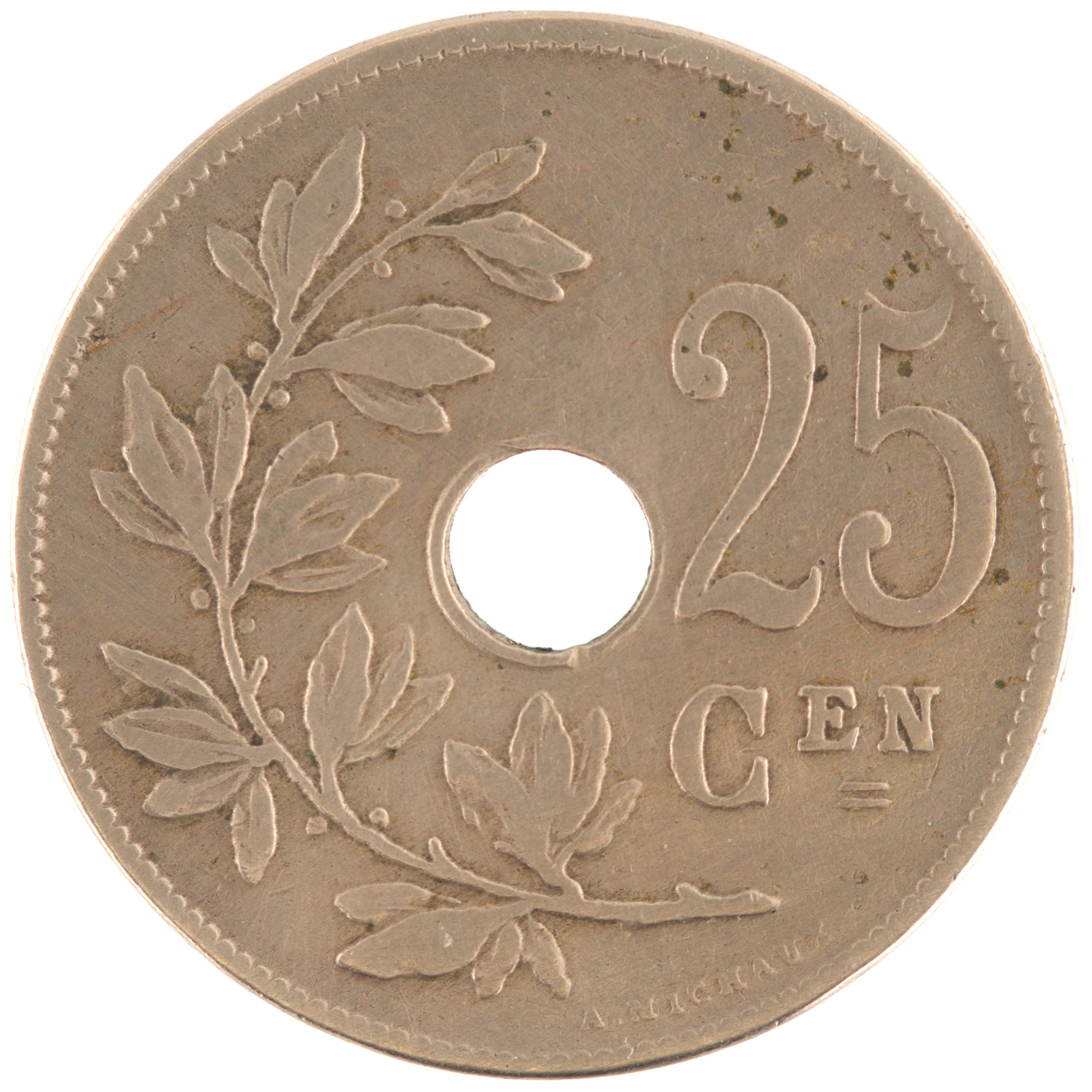 Belgique - Pièce 25 Centiemen (soit 25 Centimes) 1908 cupro-nickel - Monogramme de Léopold II – Image 2