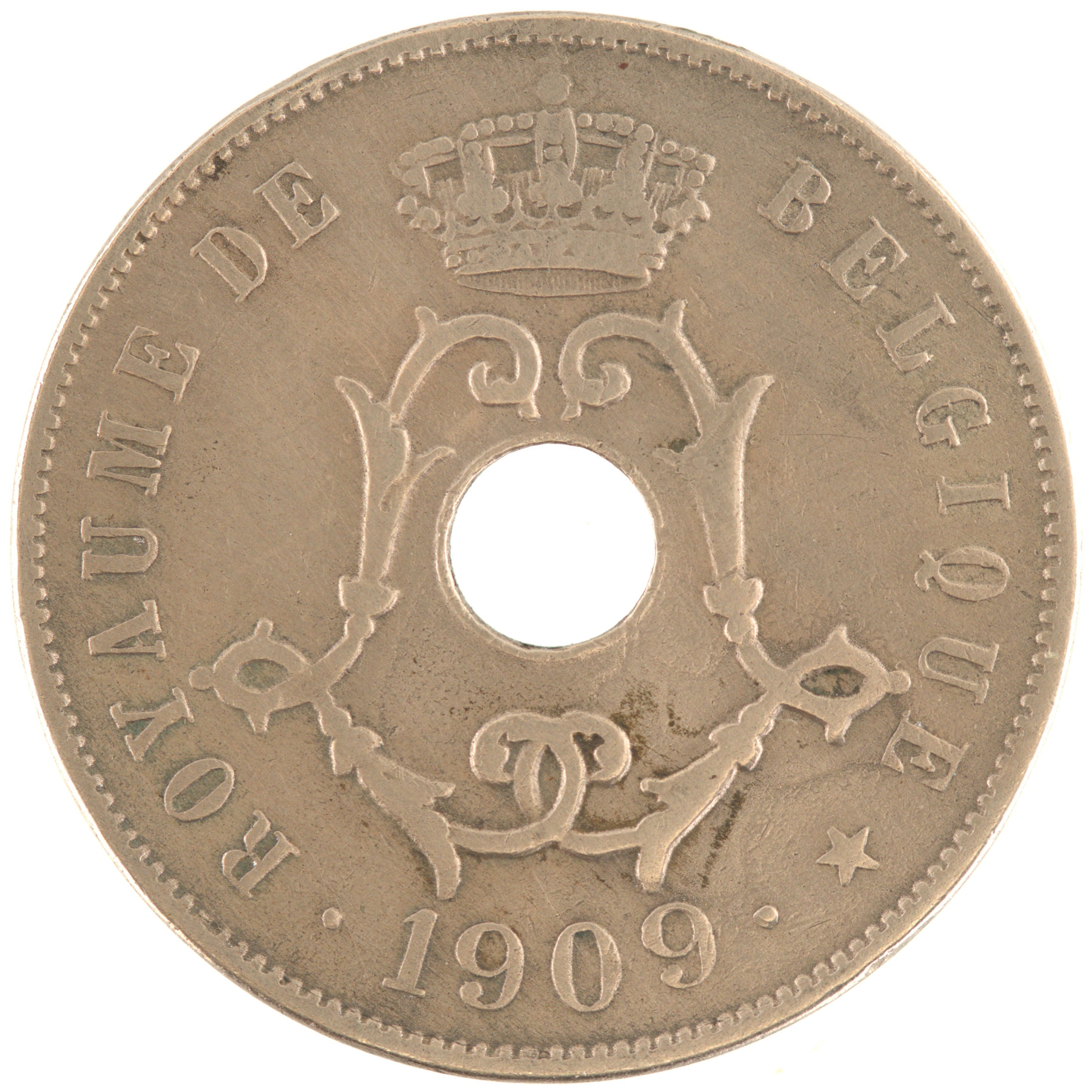 Belgique - Pièce 25 Centimes 1909 cupro-nickel - Monogramme de Léopold II