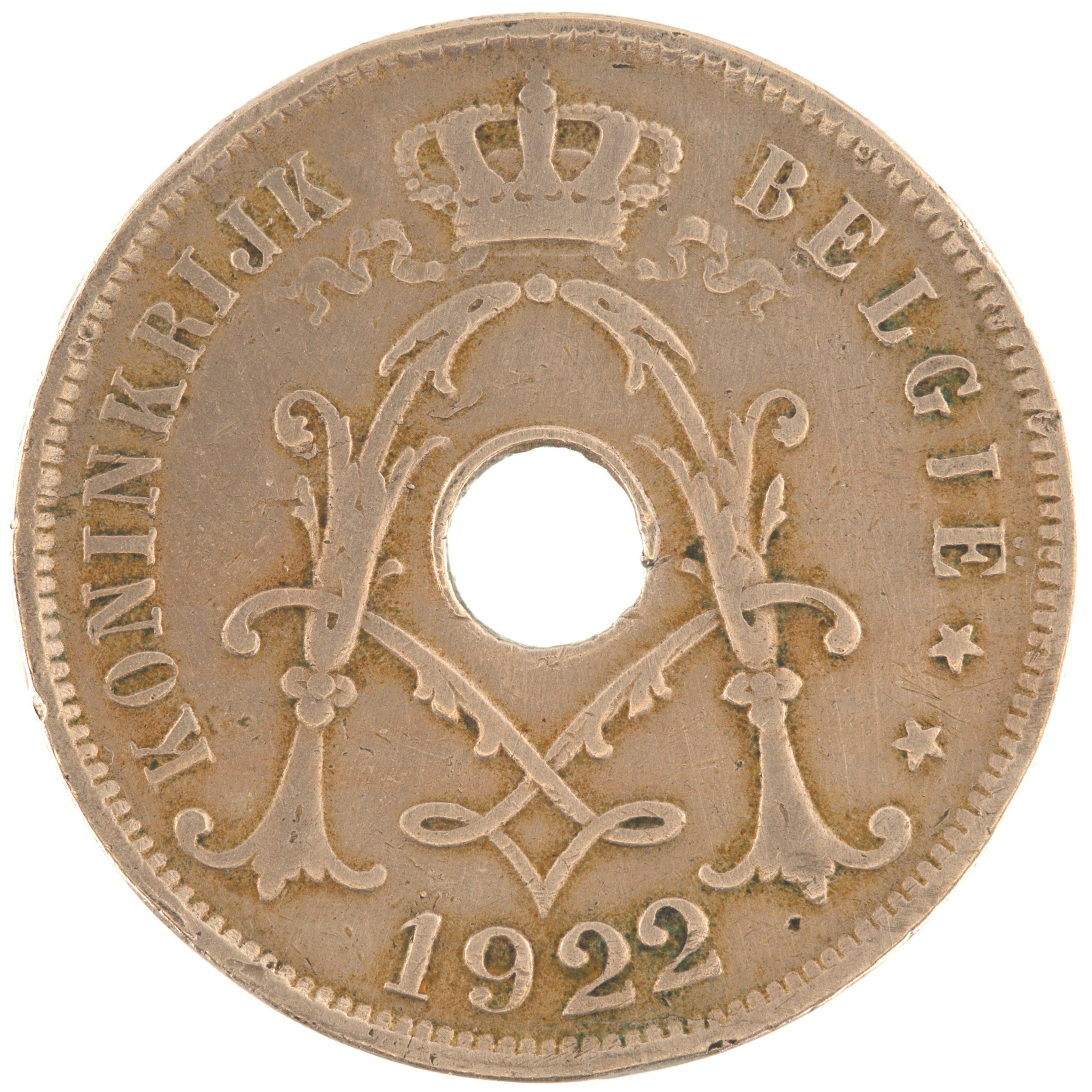 Belgique - Pièce 25 Centiemen (soit 25 Centimes) 1922 cupro-nickel - Monogramme d'Albert Ier