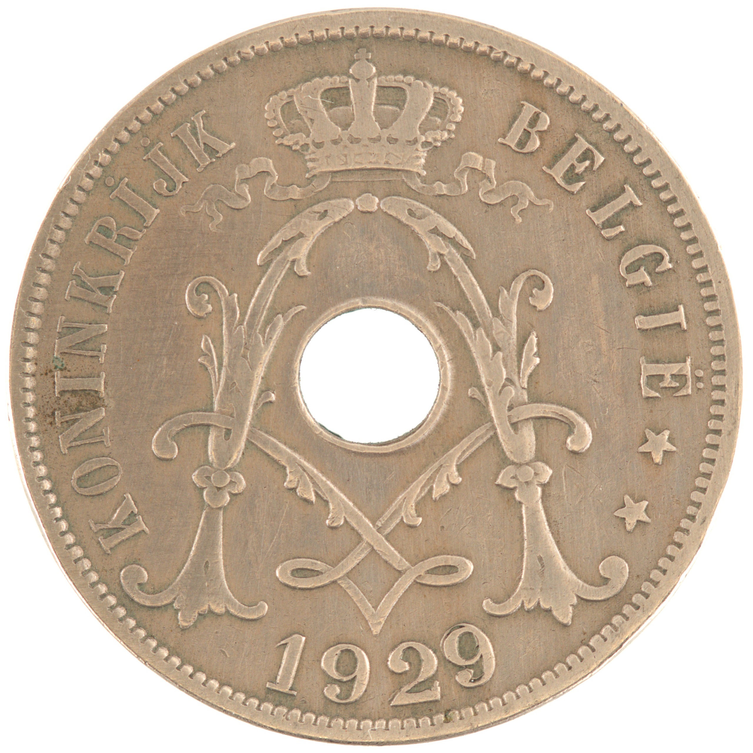 Belgique - Pièce 25 Centiemen (soit 25 Centimes) 1929 cupro-nickel - Monogramme d'Albert Ier (deux derniers chiffres du millésime doublés)