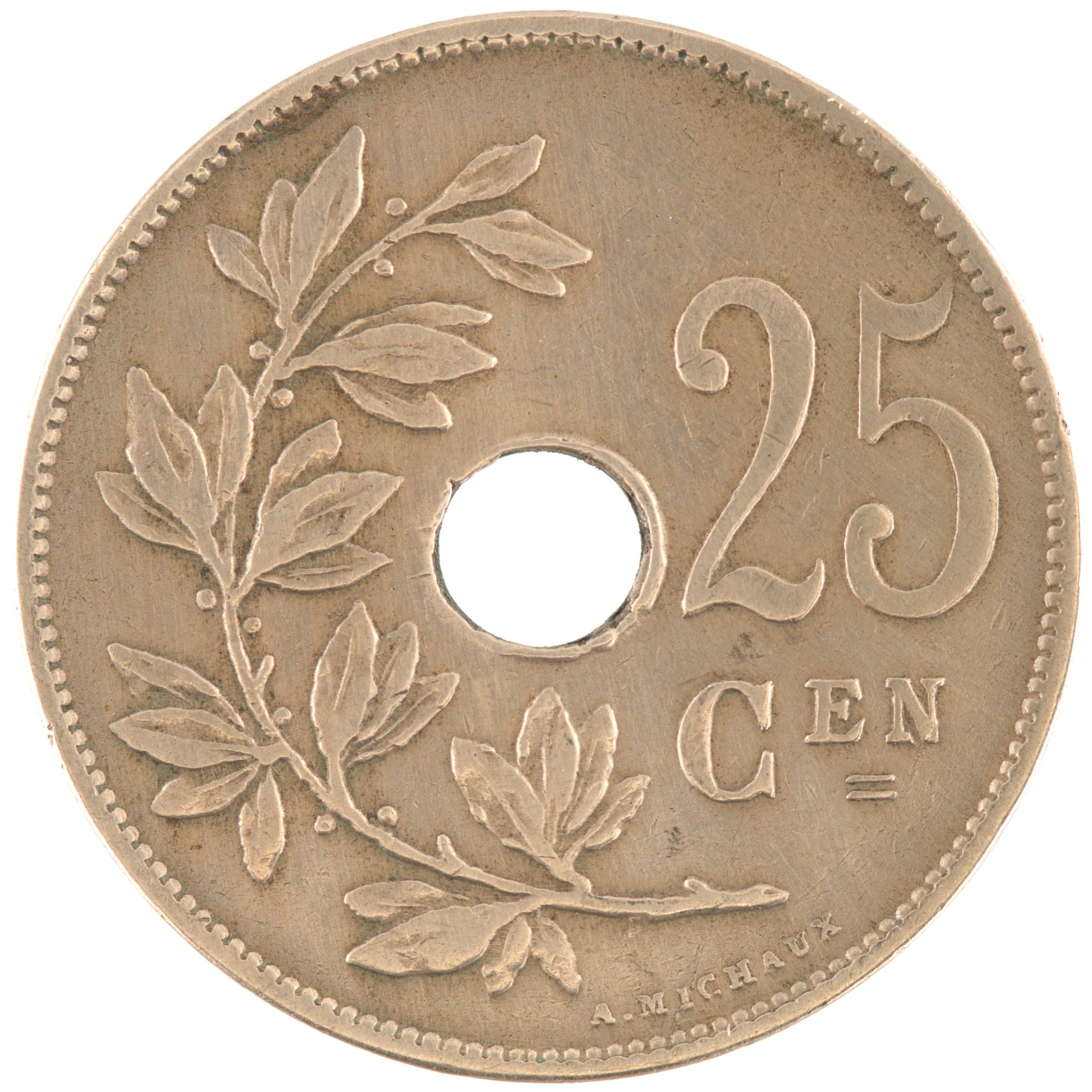 Belgique - Pièce 25 Centiemen (soit 25 Centimes) 1929 cupro-nickel - Monogramme d'Albert Ier (deux derniers chiffres du millésime doublés) – Image 2