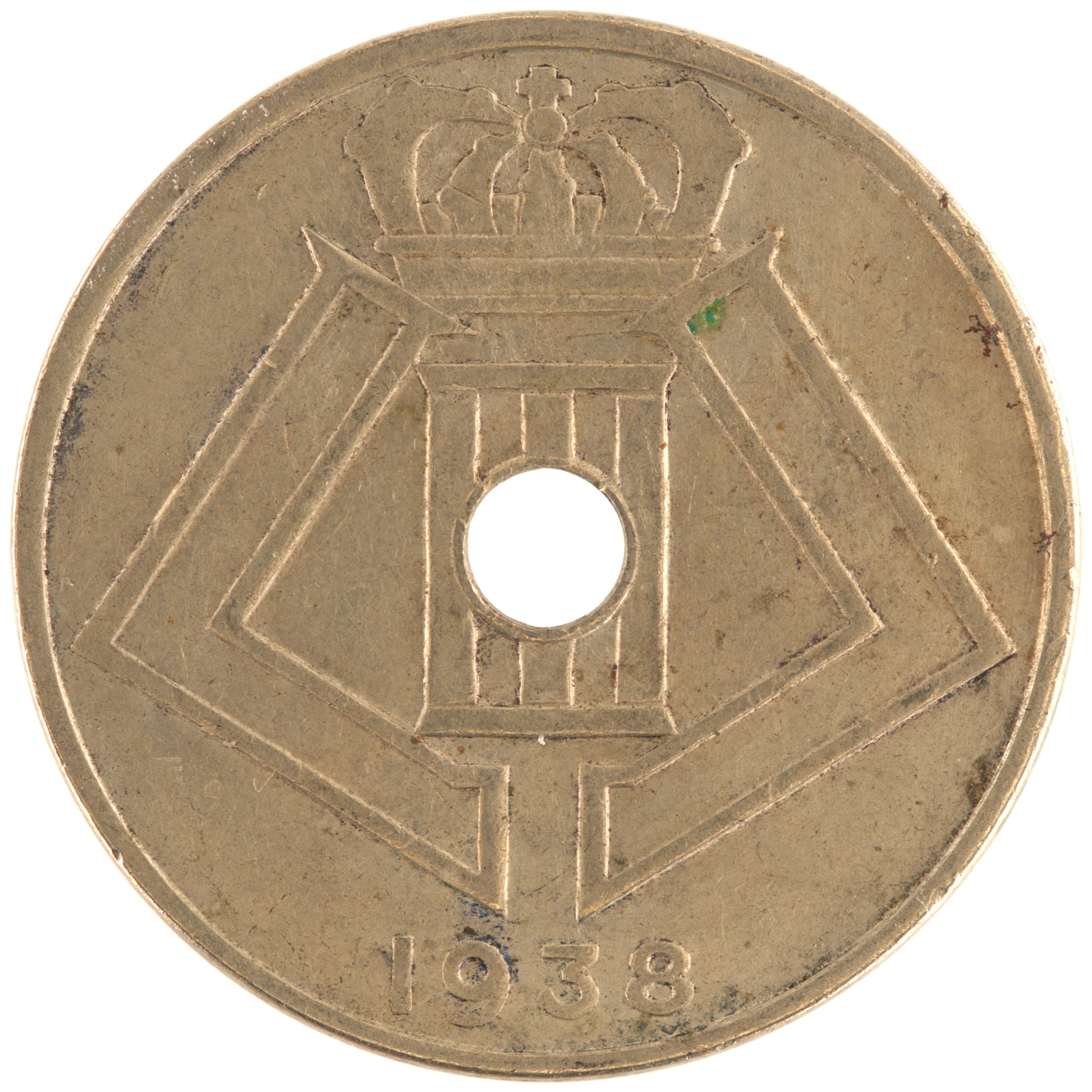 Belgique - Pièce 25 Centimes (ou 25 Centiemen) 1938 nickel-laiton - Ecus / Monogramme de Léopold III, nom du pays émetteur en néerlandais à gauche