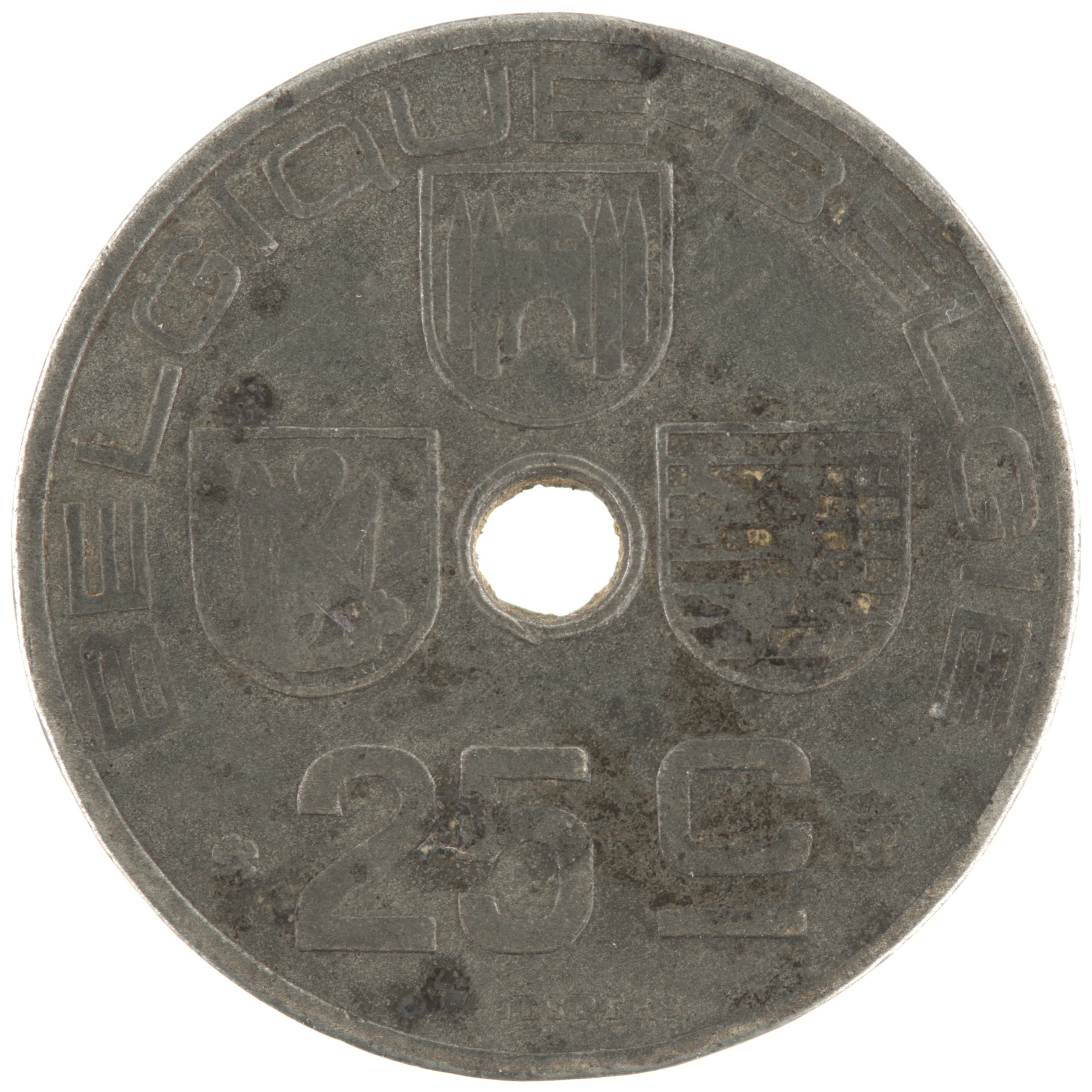 Belgique - Pièce 25 Centimes (ou 25 Centiemen) 1943 zinc - Ecus / Monogramme de Léopold III, nom du pays émetteur en français à gauche – Image 2