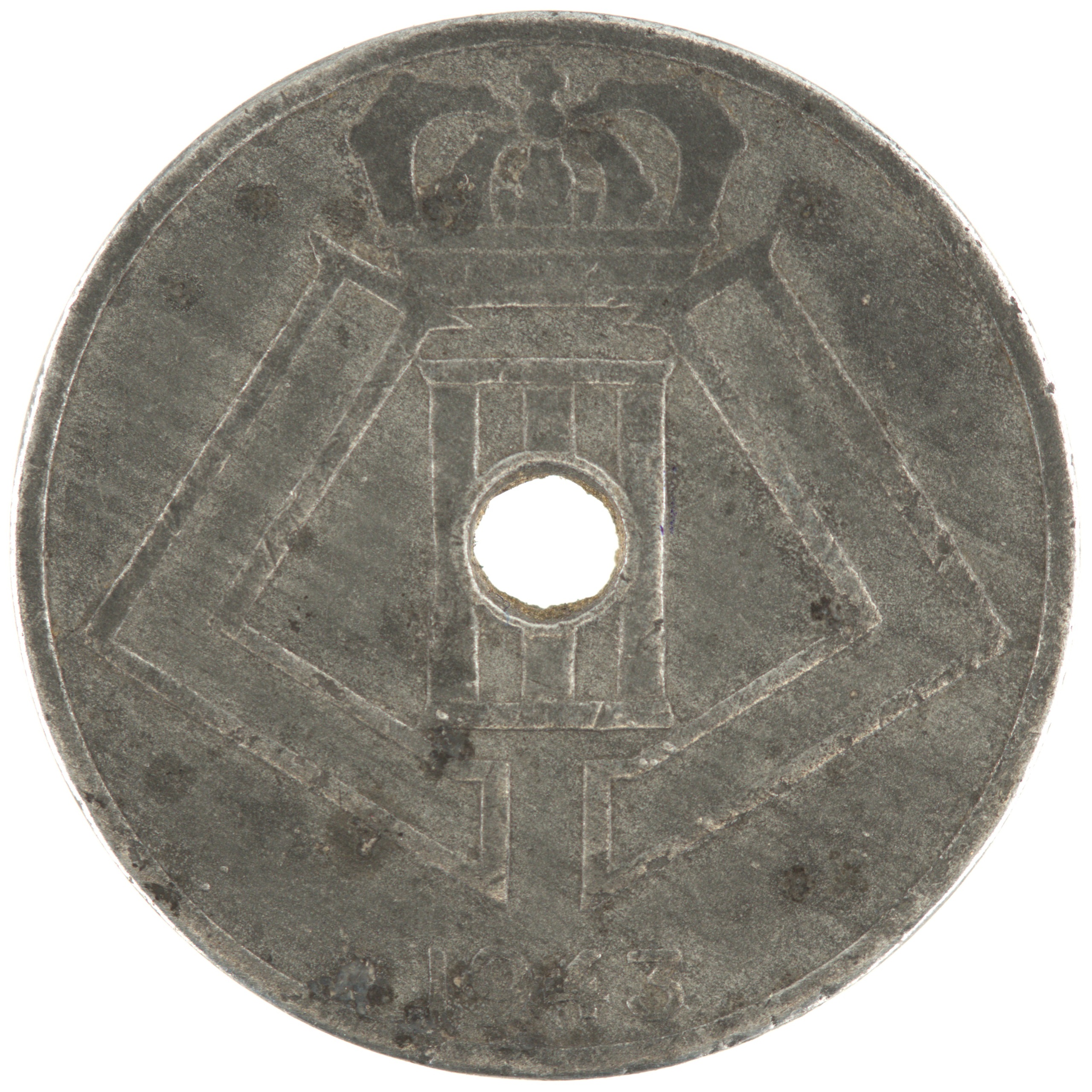 Belgique - Pièce 25 Centimes (ou 25 Centiemen) 1943 zinc - Ecus / Monogramme de Léopold III, nom du pays émetteur en français à gauche