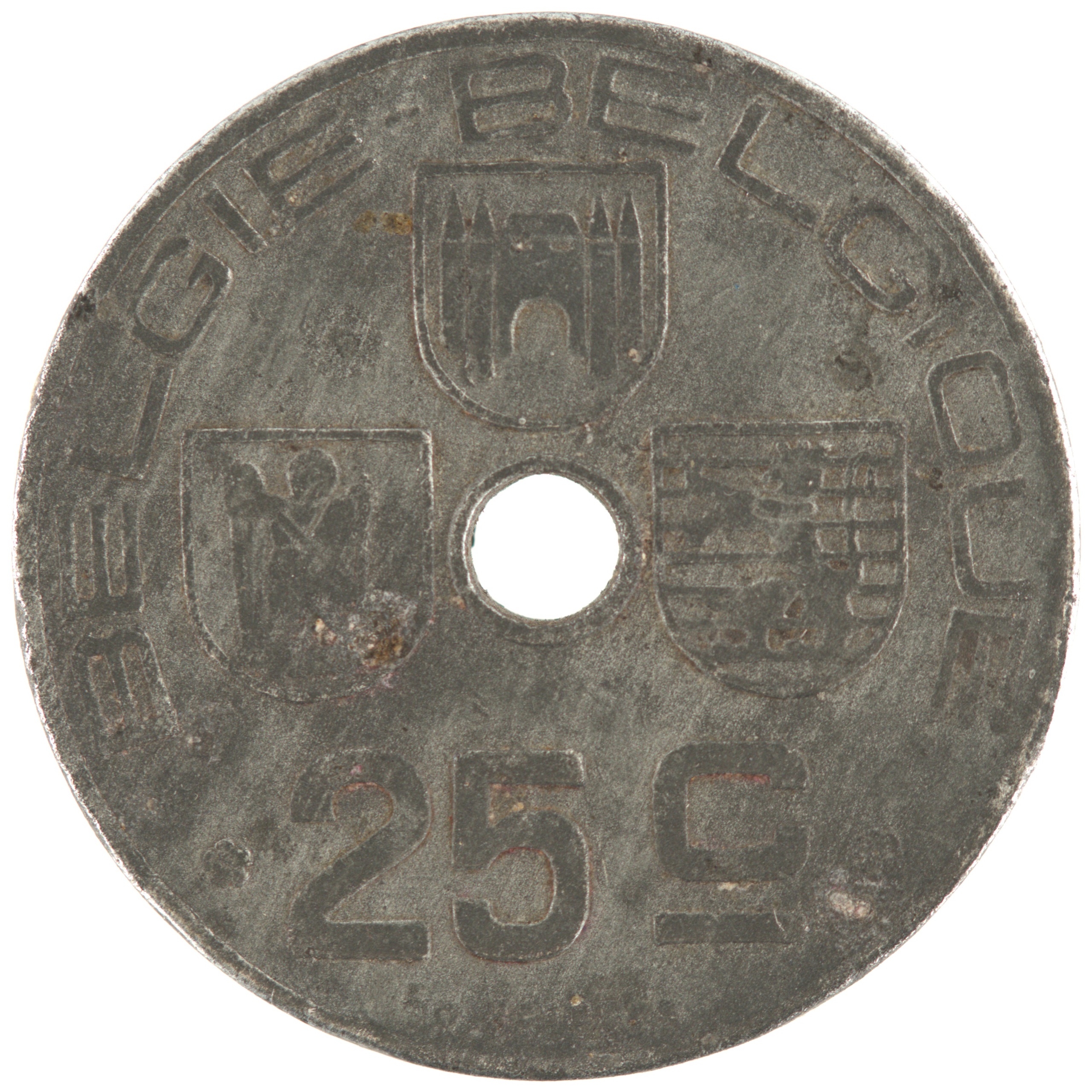 Belgique - Pièce 25 Centimes (ou 25 Centiemen) 1944 zinc - Ecus / Monogramme de Léopold III, nom du pays émetteur en néerlandais à gauche – Image 2