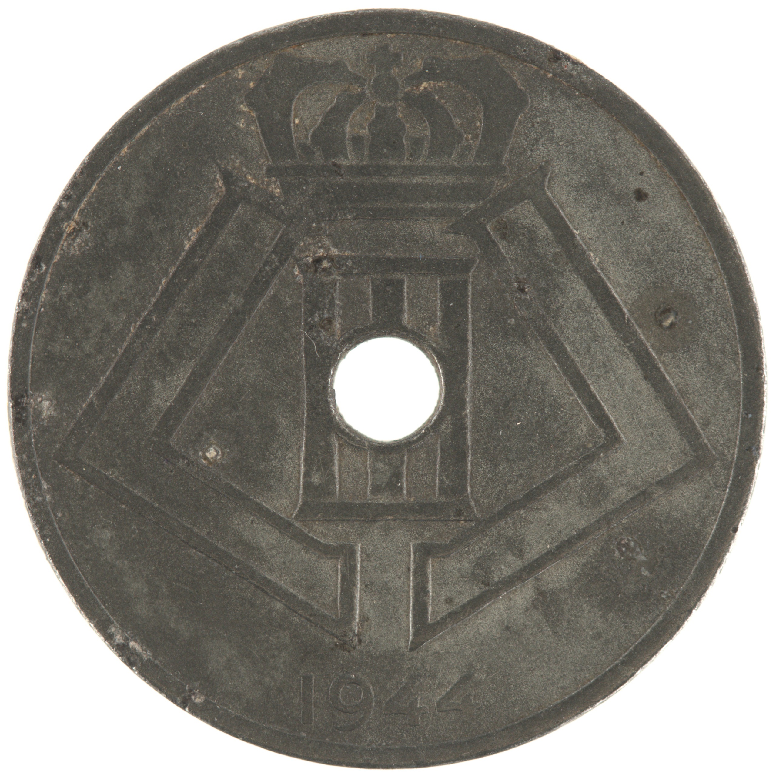 Belgique - Pièce 25 Centimes (ou 25 Centiemen) 1944 zinc - Ecus / Monogramme de Léopold III, nom du pays émetteur en néerlandais à gauche