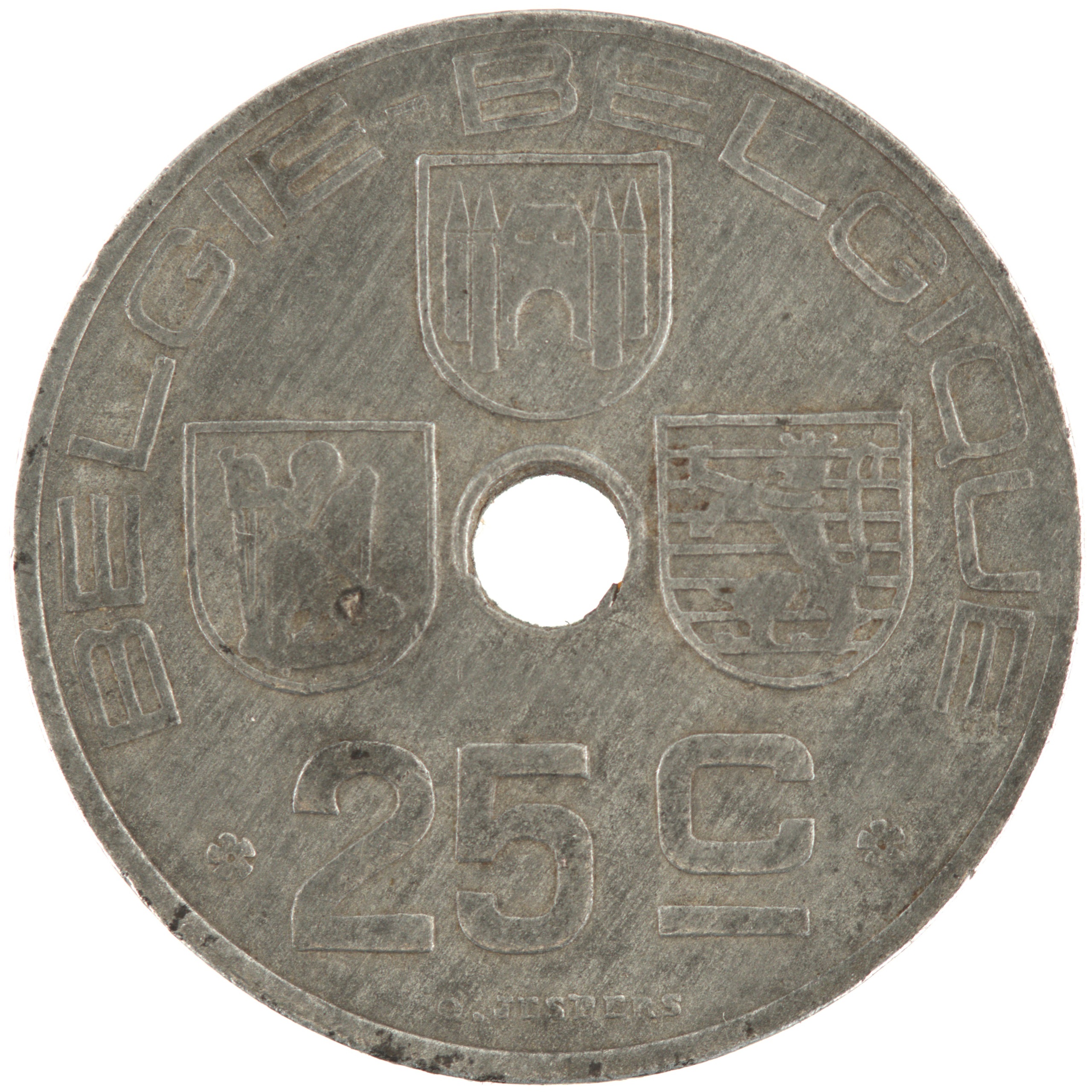 Belgique - Pièce 25 Centimes (ou 25 Centiemen) 1945 zinc - Ecus / Monogramme de Léopold III, nom du pays émetteur en néerlandais à gauche – Image 2