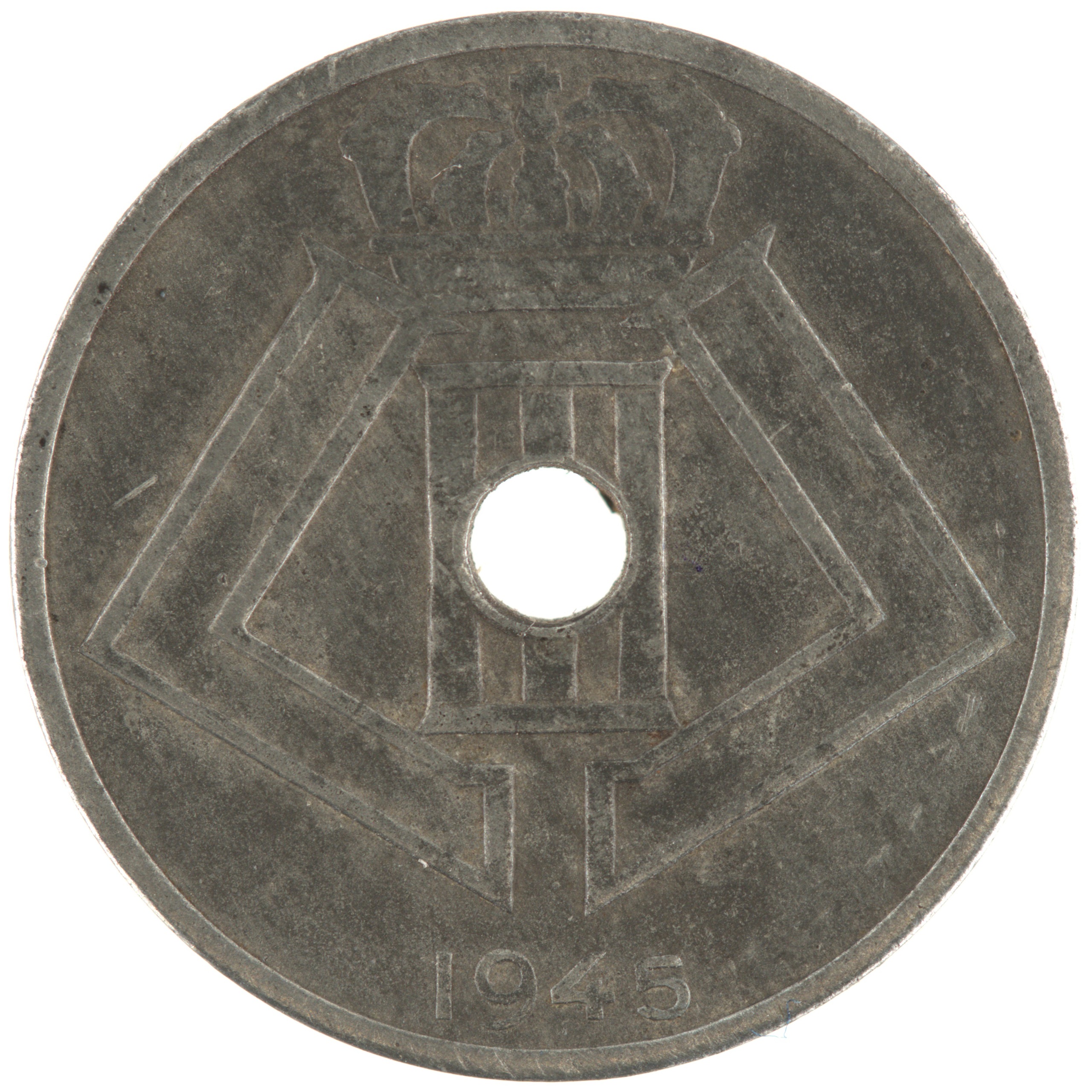 Belgique - Pièce 25 Centimes (ou 25 Centiemen) 1945 zinc - Ecus / Monogramme de Léopold III, nom du pays émetteur en néerlandais à gauche