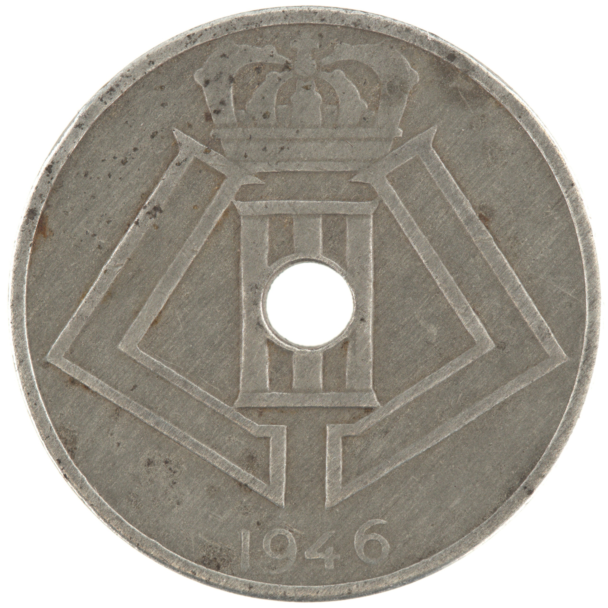 Belgique - Pièce 25 Centimes (ou 25 Centiemen) 1946 zinc - Ecus / Monogramme de Léopold III, nom du pays émetteur en néerlandais à gauche