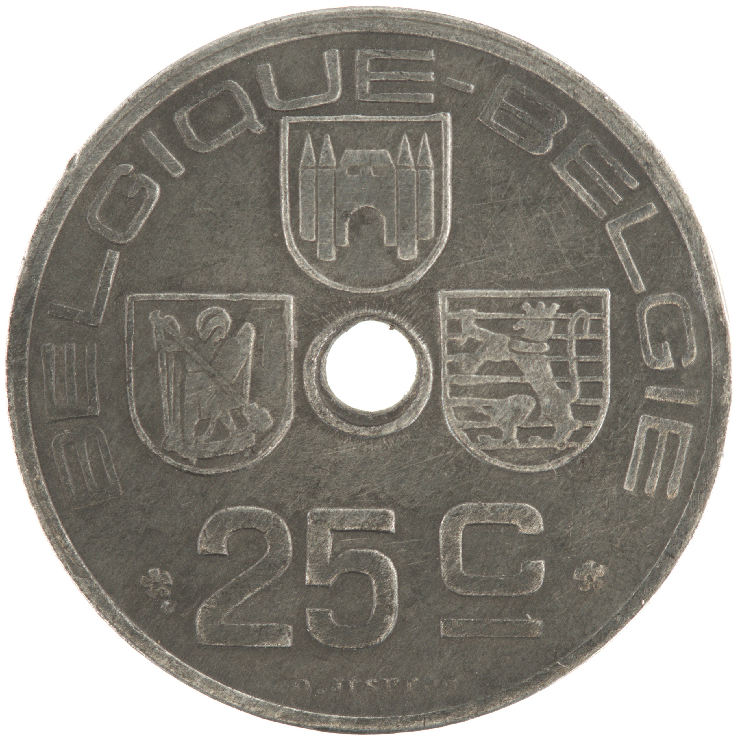 Belgique - Pièce 25 Centimes (ou 25 Centiemen) 1946 zinc - Ecus / Monogramme de Léopold III, nom du pays émetteur en français à gauche – Image 2