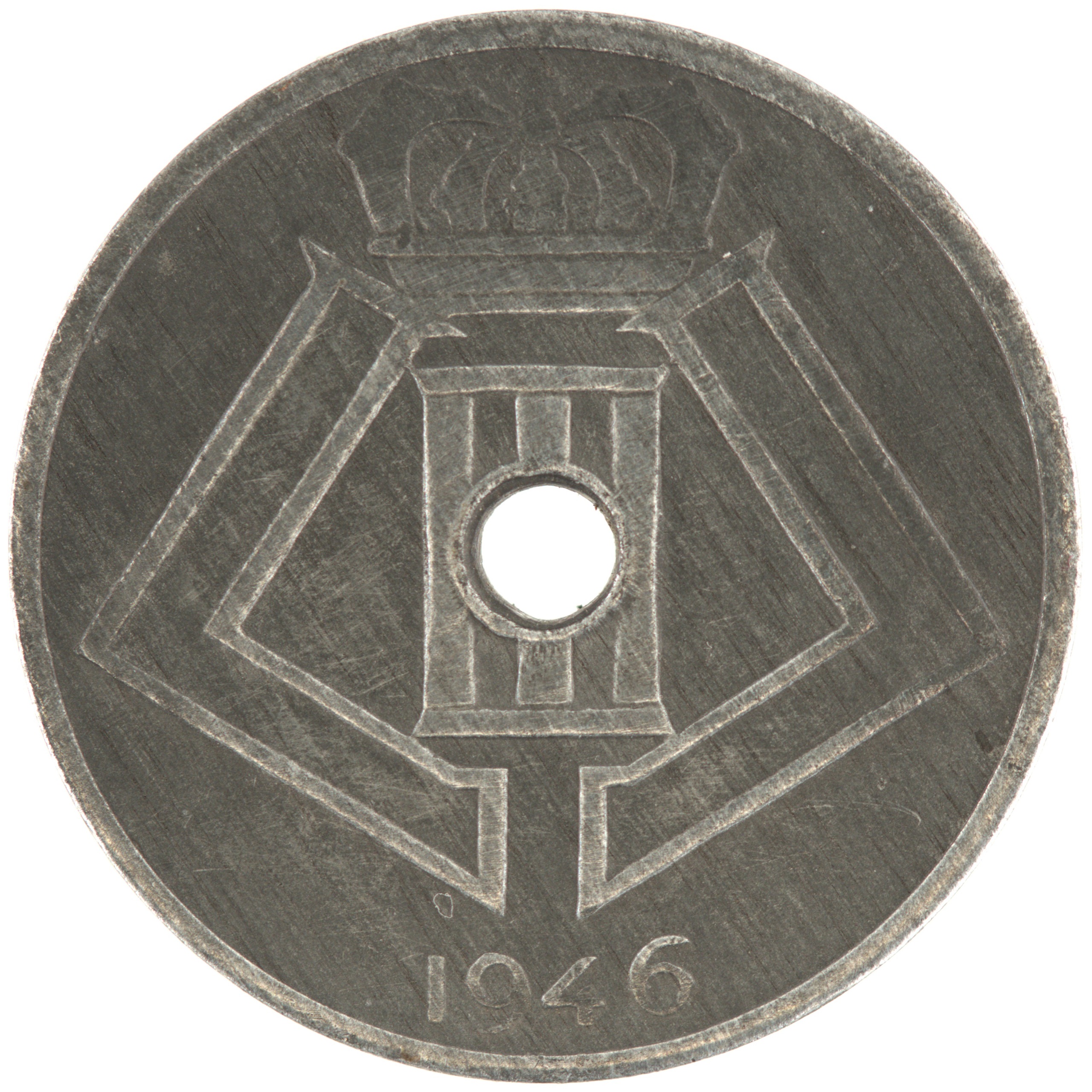 Belgique - Pièce 25 Centimes (ou 25 Centiemen) 1946 zinc - Ecus / Monogramme de Léopold III, nom du pays émetteur en français à gauche
