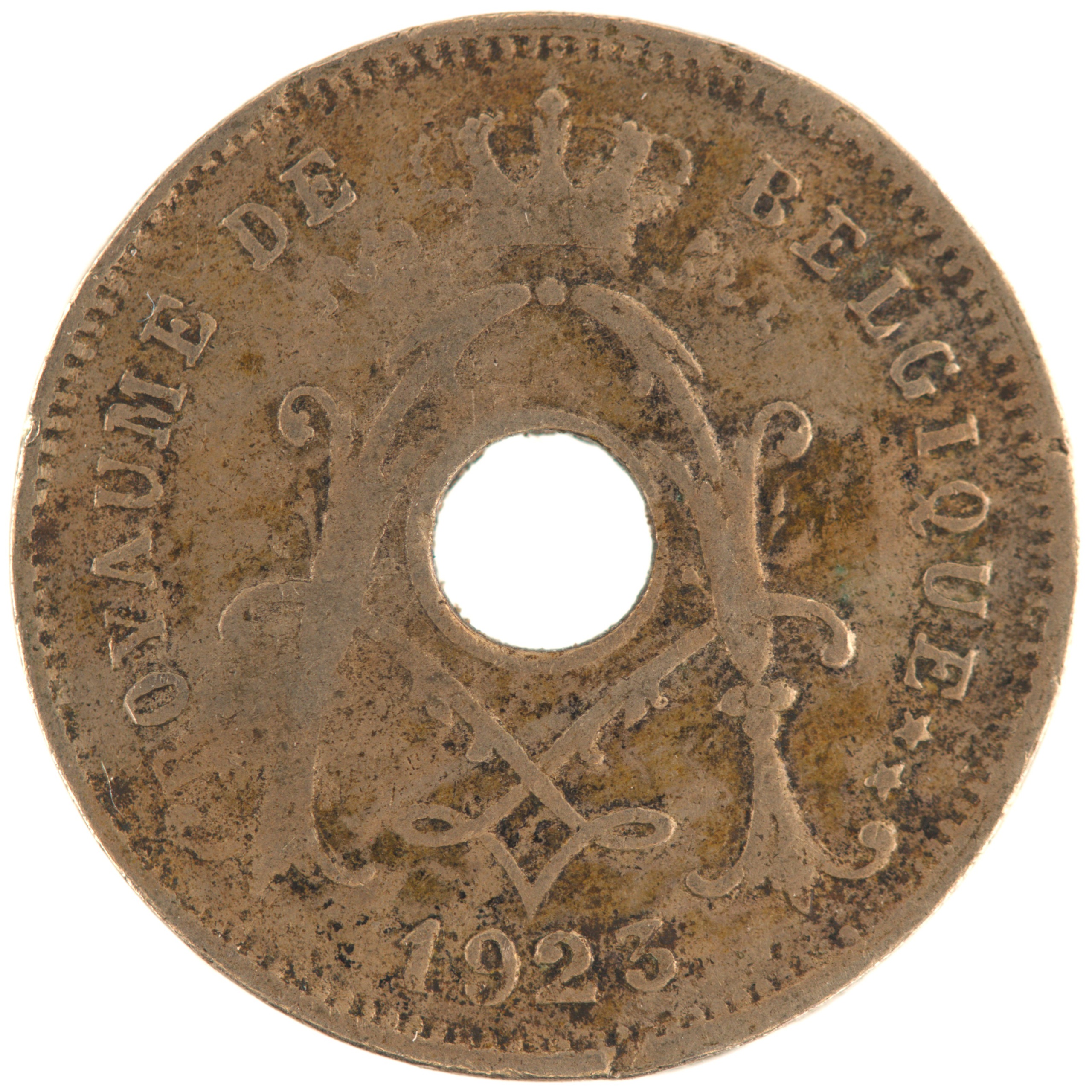 Belgique - Pièce 5 Centimes 1923 cupro-nickel - Monogramme d'Albert Ier, sans étoile au revers
